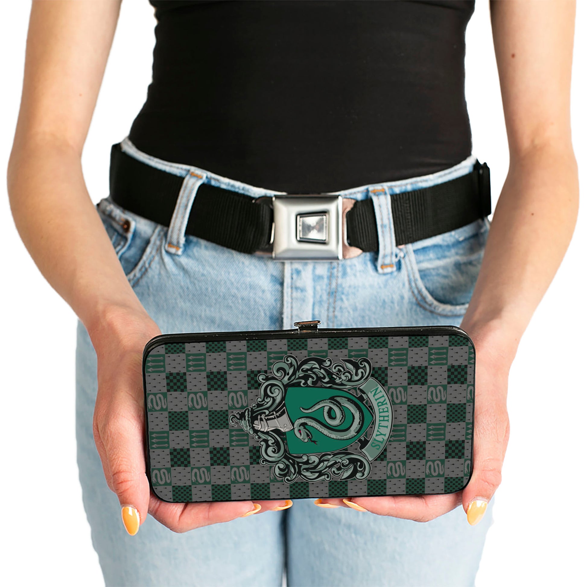 Hinged Wallet - Harry Potter SLYTHERIN Crest Heraldry Checkers Gray Greens Hinged Wallets Harry Potter