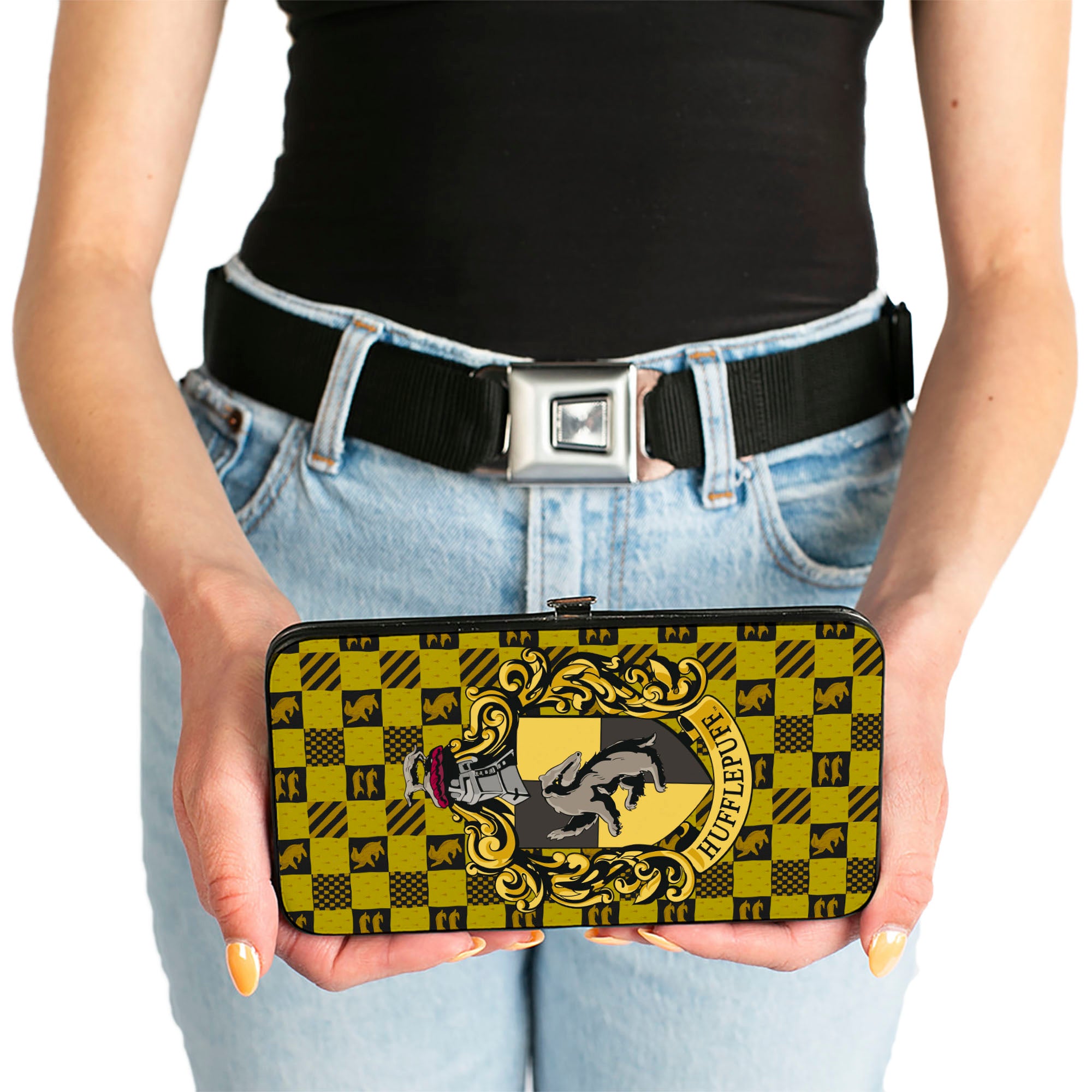 Hinged Wallet - Harry Potter HUFFLEPUFF Crest Heraldry Checkers Golds Black Hinged Wallets Harry Potter