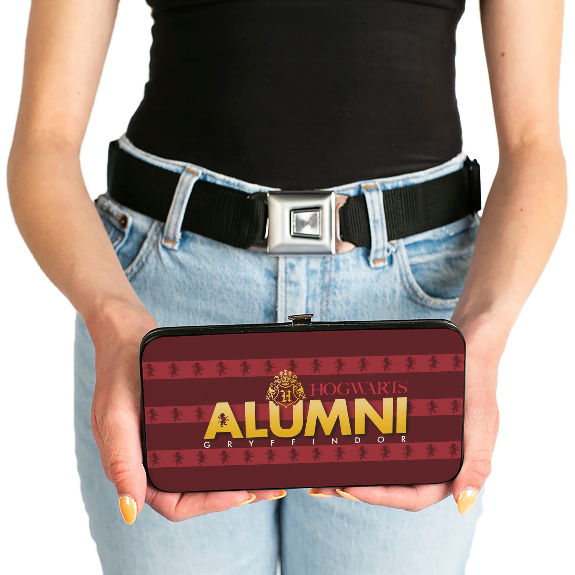 Hinged Wallet - HOGWARTS ALUMNI GRYFFINDOR + Initial Monogram/Lion Icon Stripe Burgundy Reds/Golds/White Hinged Wallets Harry Potter