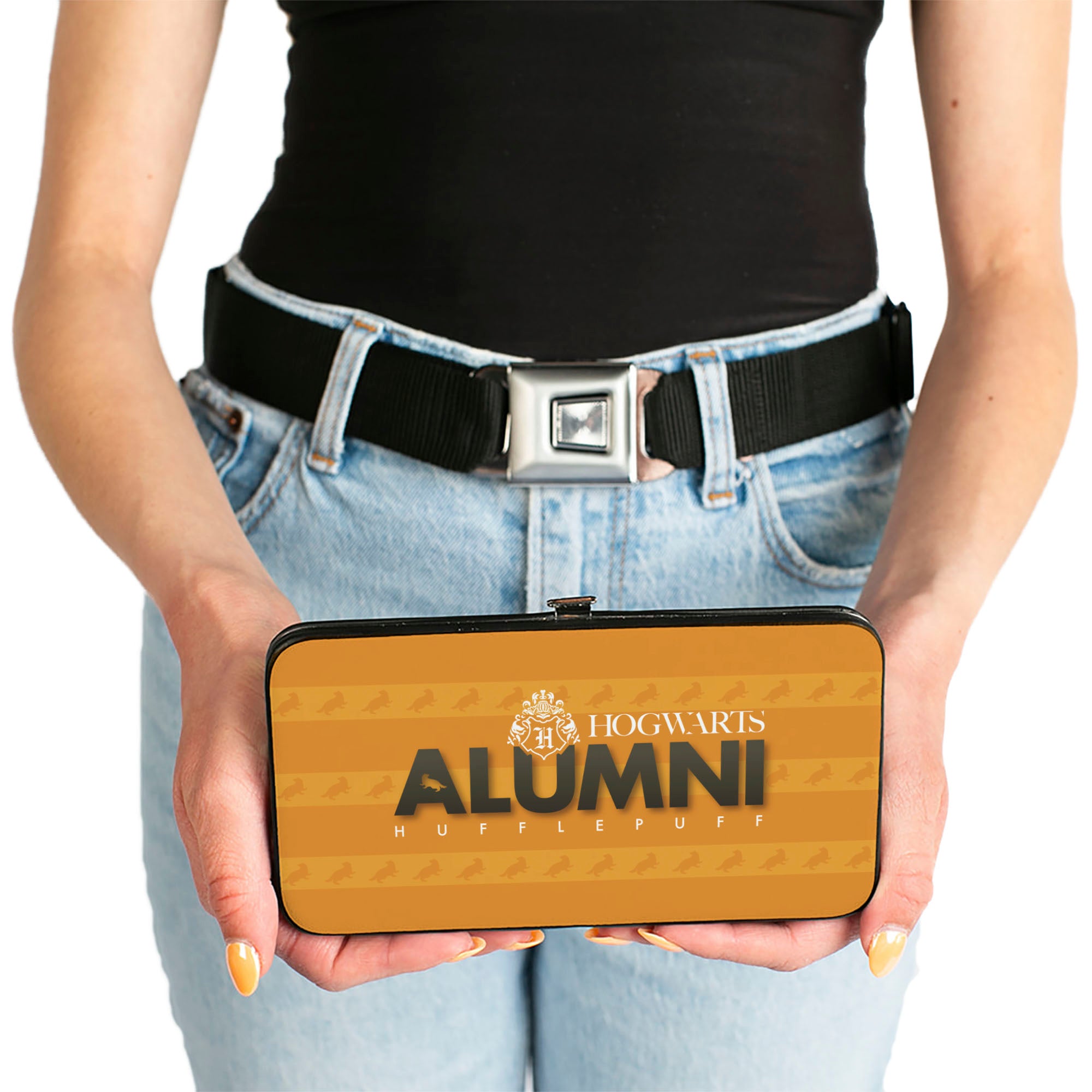 Hinged Wallet - HOGWARTS ALUMNI HUFFLEPUFF + Initial Monogram Badger Icon Stripe Golds White Grays Hinged Wallets Harry Potter