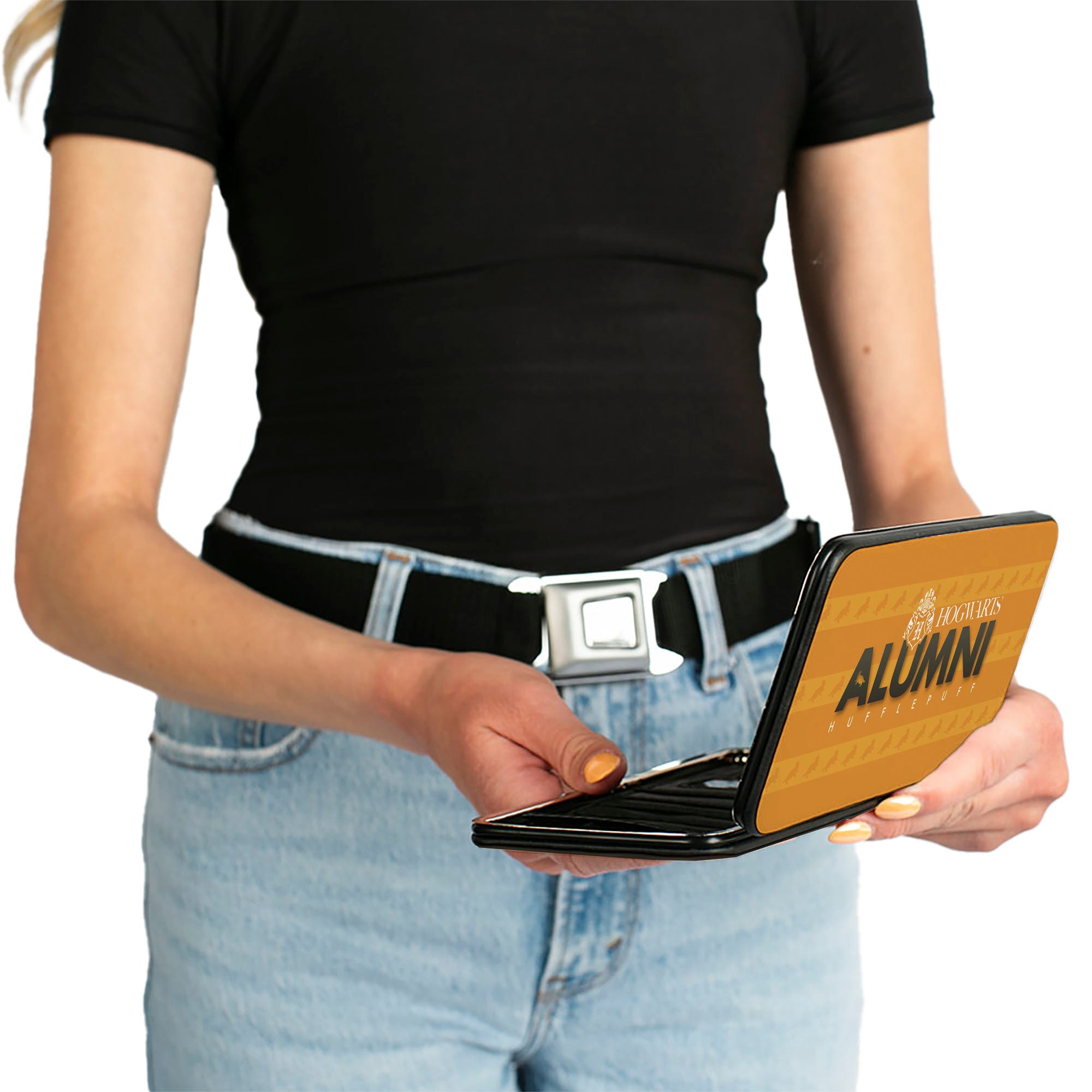 Hinged Wallet - HOGWARTS ALUMNI HUFFLEPUFF + Initial Monogram Badger Icon Stripe Golds White Grays Hinged Wallets Harry Potter