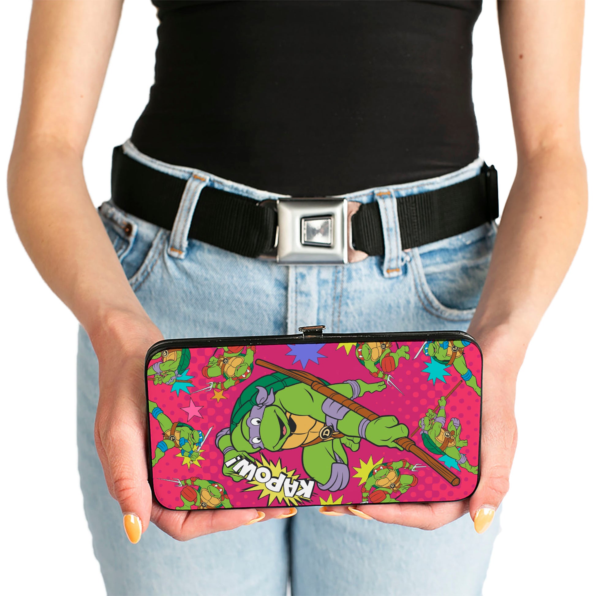 Hinged Wallet - KAPOW! Donatello Action Pose Scattered Turtle Action Poses Halftone Pinks Hinged Wallets Teenage Mutant Ninja Turtles