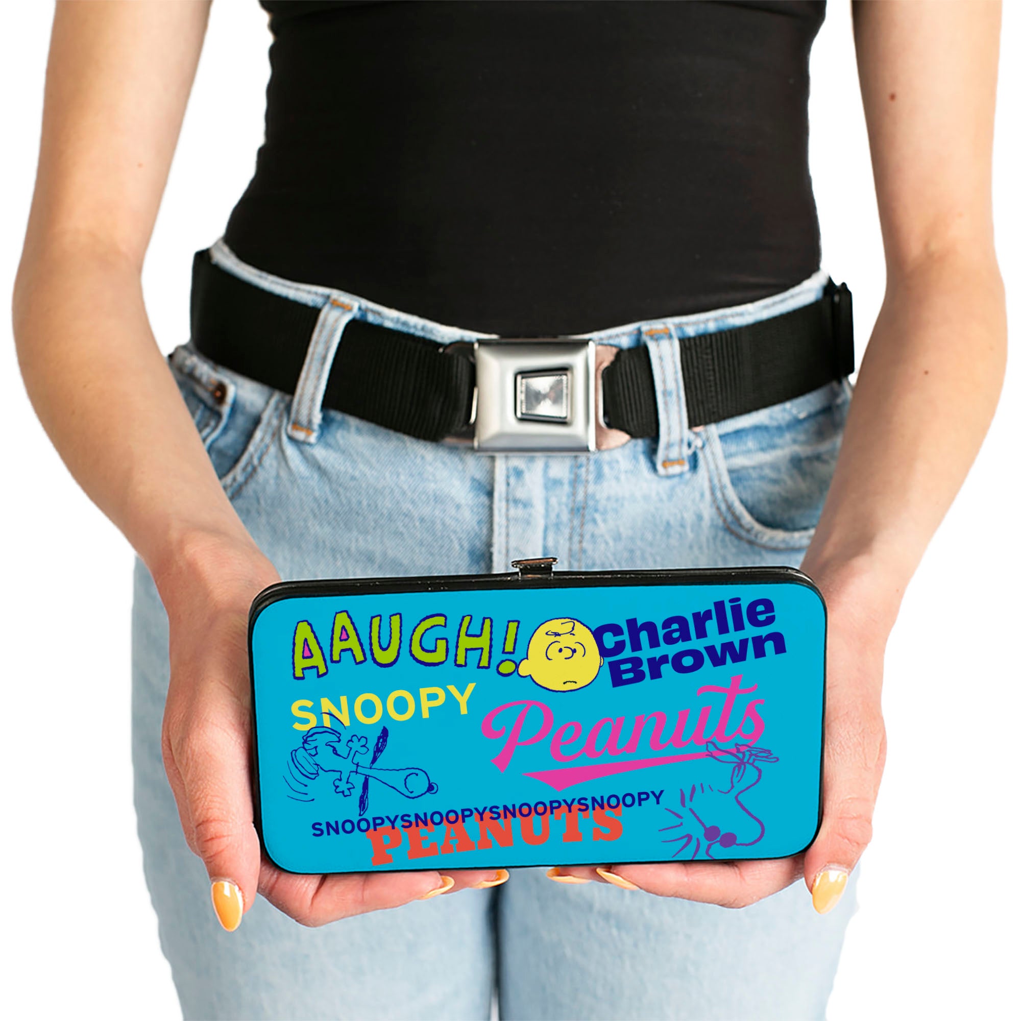 Hinged Wallet - PEANUTS Charlie Brown Snoopy and Woodstock Typography Collage Blue/Multi Color Hinged Wallets Peanuts