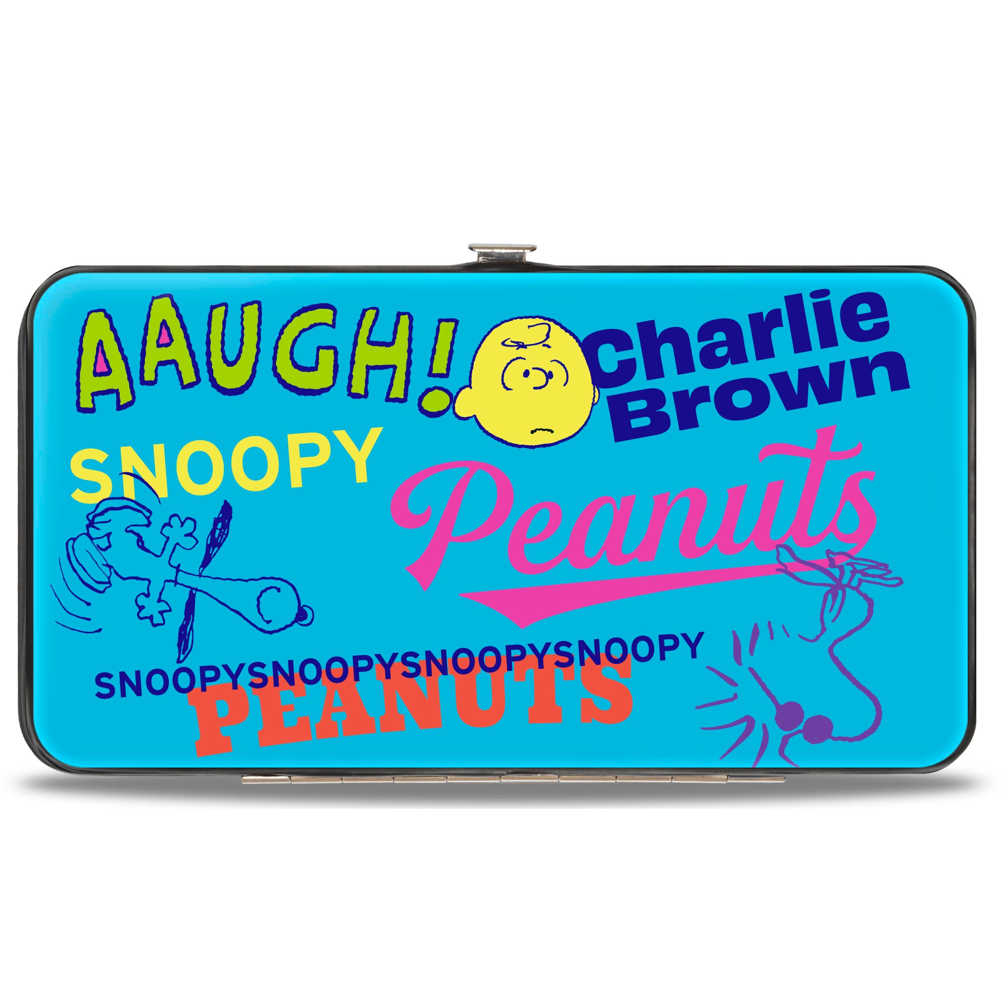 Hinged Wallet - PEANUTS Charlie Brown Snoopy and Woodstock Typography Collage Blue/Multi Color Hinged Wallets Peanuts
