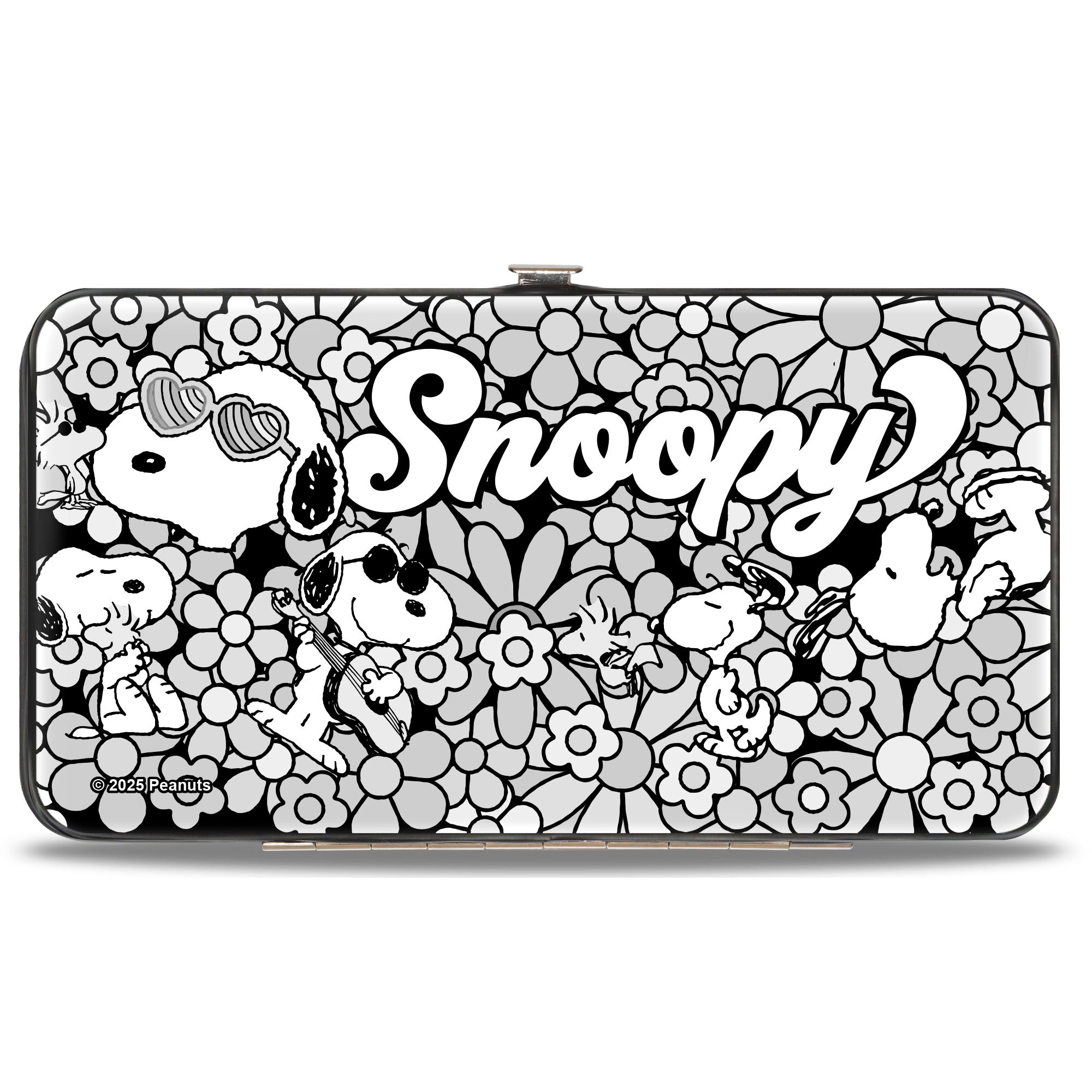 Hinged Wallet - Snoopy Poses and Daisy Flowers Collage Black/Grays/White Hinged Wallets Peanuts