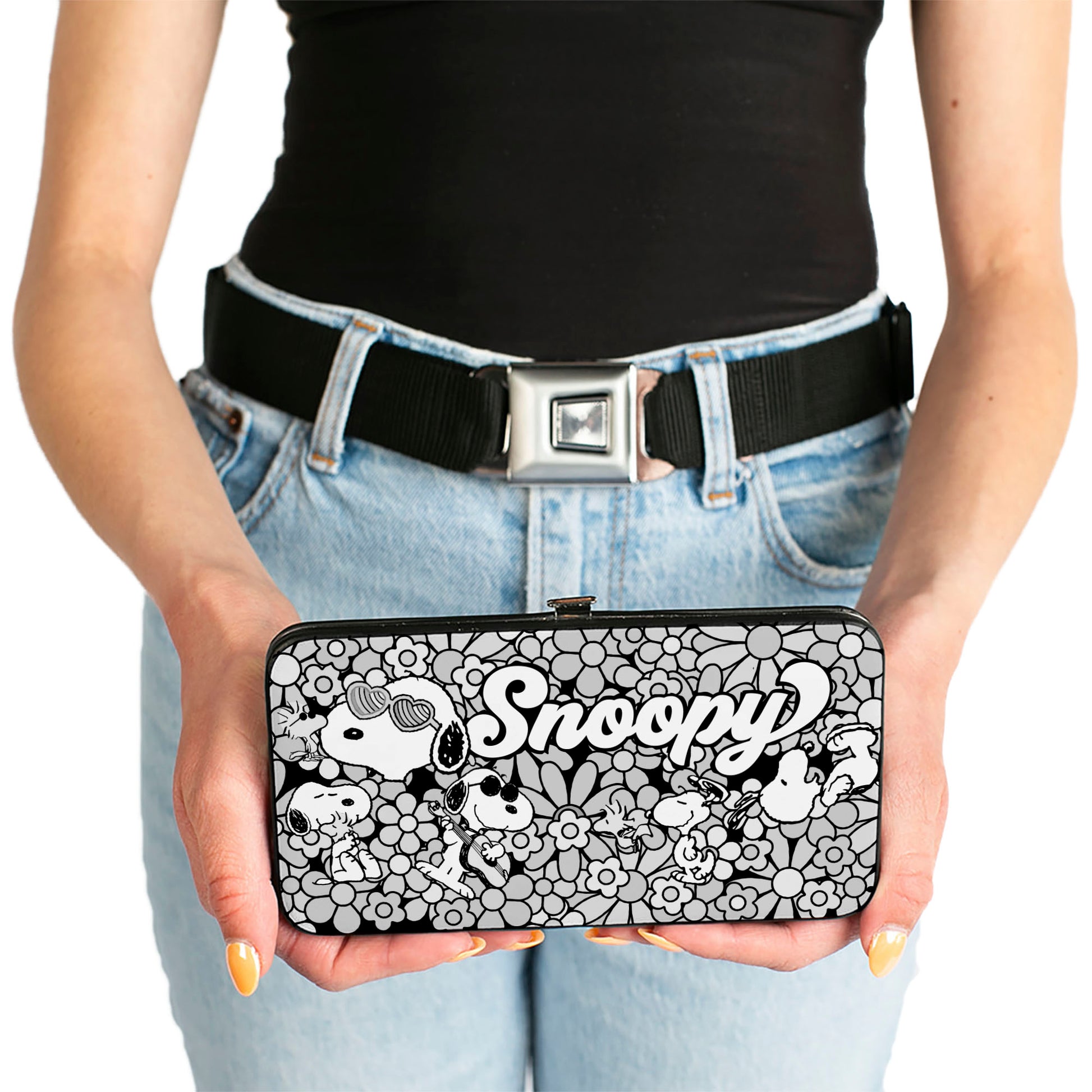 Hinged Wallet - Snoopy Poses and Daisy Flowers Collage Black/Grays/White Hinged Wallets Peanuts