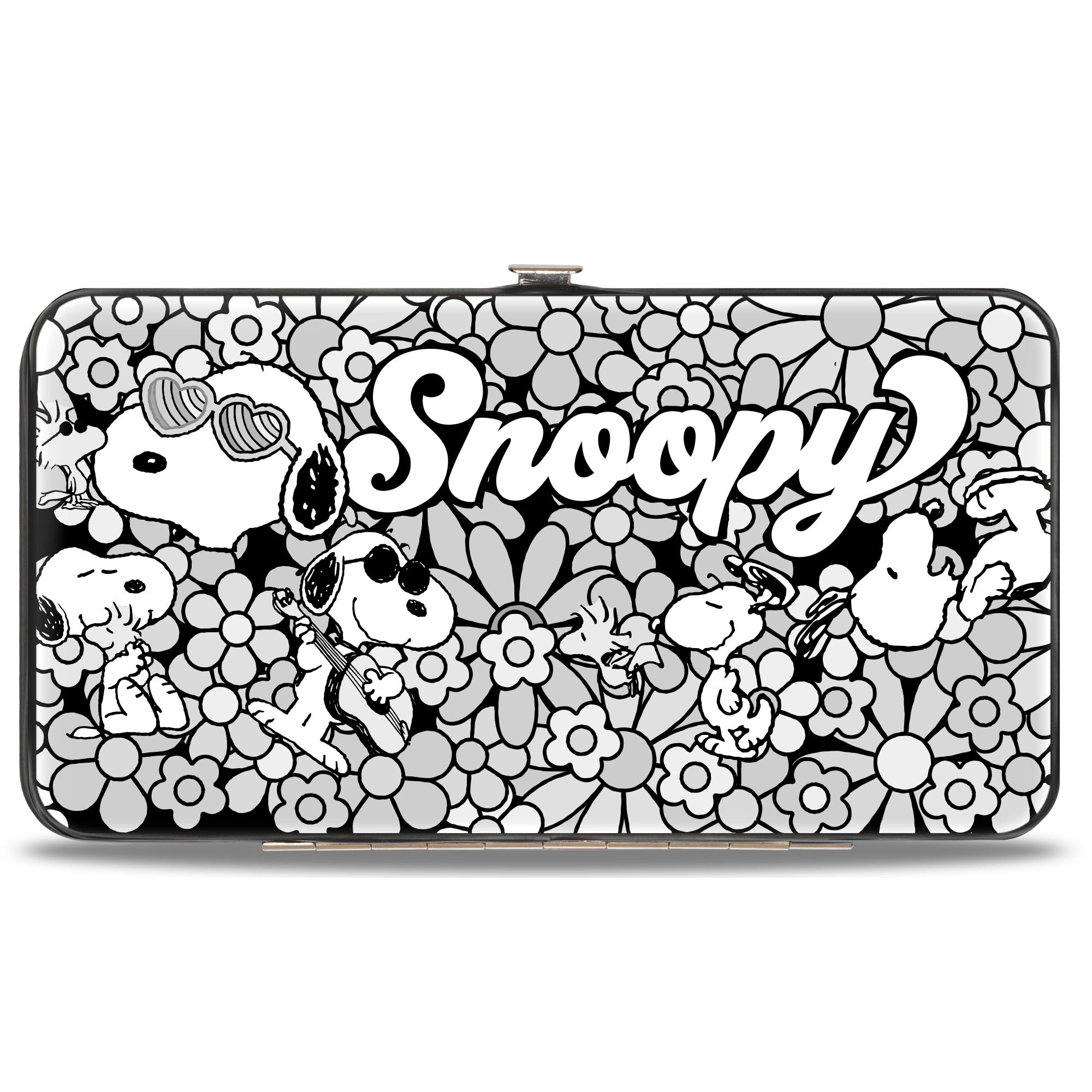 Hinged Wallet - Snoopy Poses and Daisy Flowers Collage Black/Grays/White Hinged Wallets Peanuts