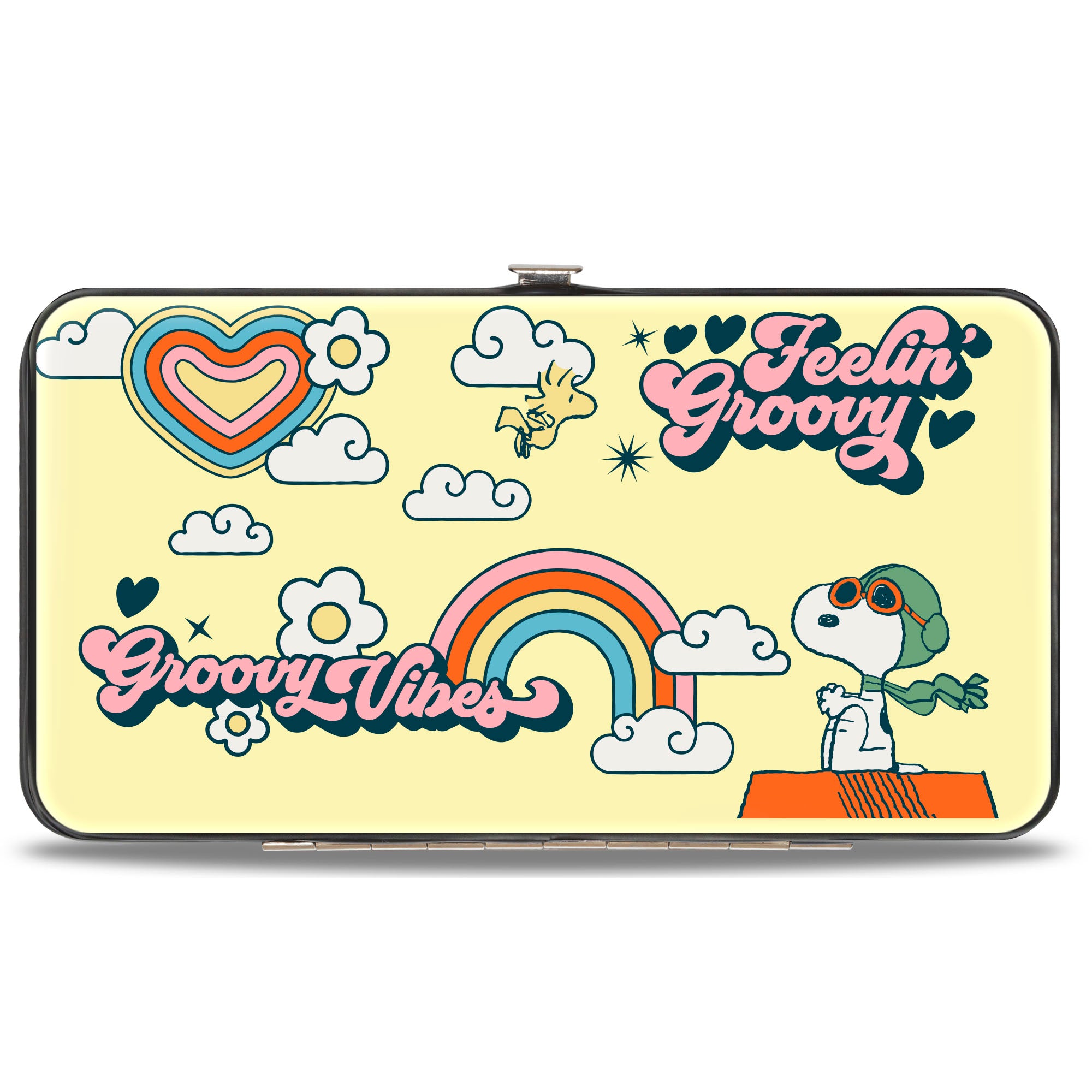 Hinged Wallet - Peanuts Snoopy Flying Ace and Woodstock GROOVY Quotes Collage Yellow Hinged Wallets Peanuts
