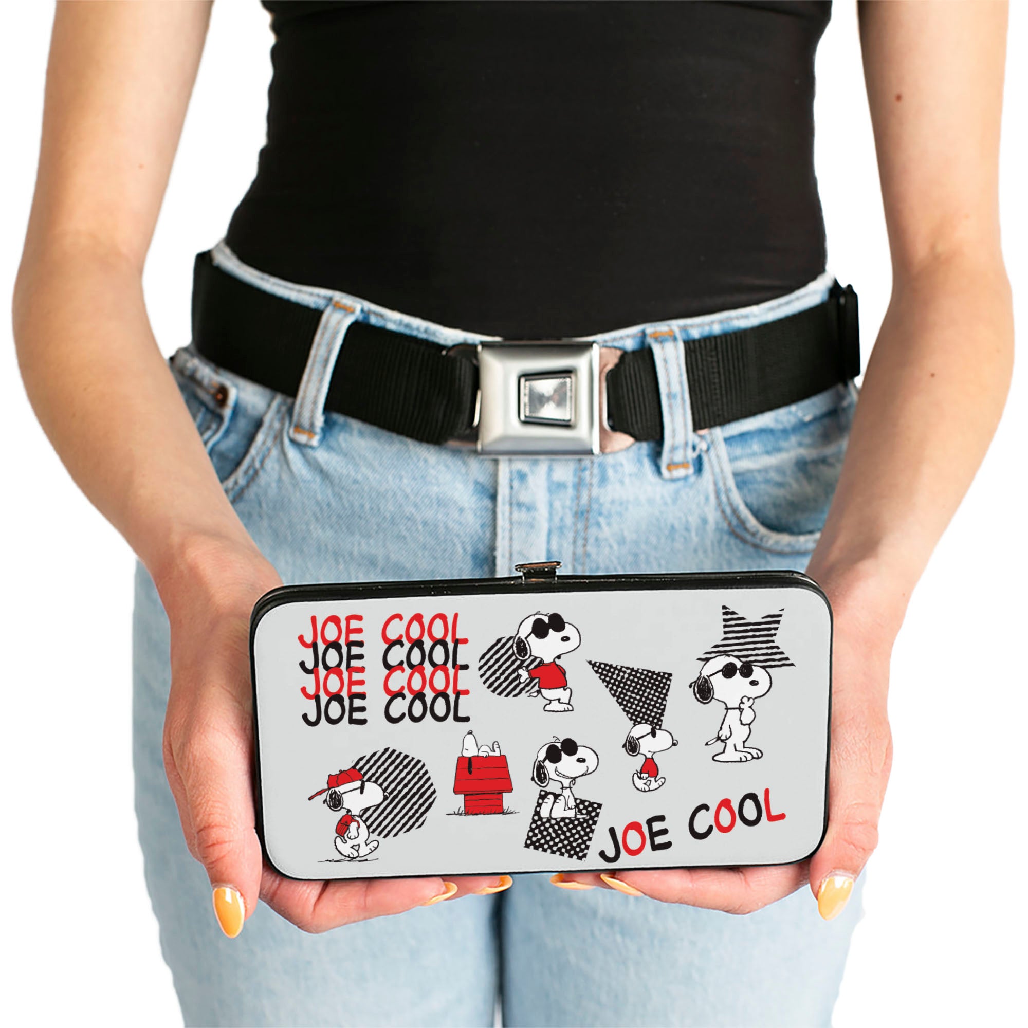 Hinged Wallet - Peanuts JOE COOL Snoopy Poses and Text Gray/Black/Red/White Hinged Wallets Peanuts