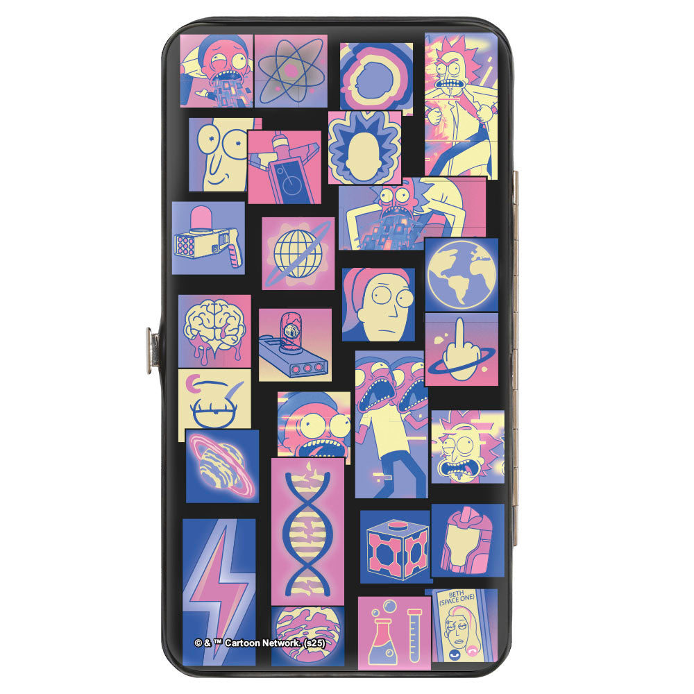 Hinged Wallet - Rick and Morty Portal Pose and Icon Blocks Collage Blues/Pinks Hinged Wallets Rick and Morty