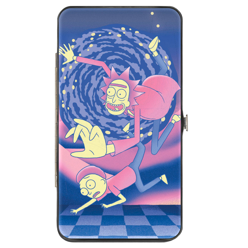 Hinged Wallet - Rick and Morty Portal Pose and Icon Blocks Collage Blues/Pinks Hinged Wallets Rick and Morty