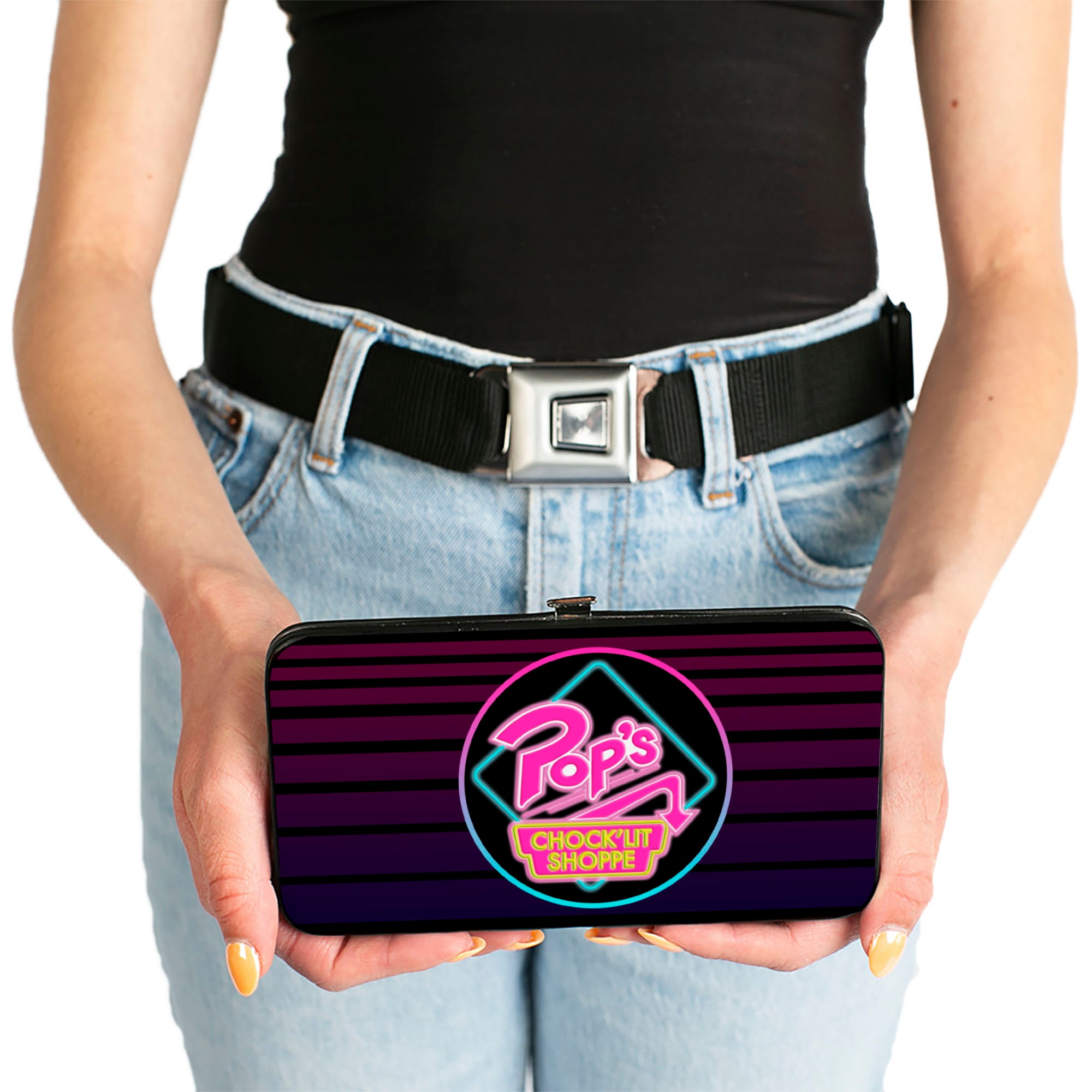 Hinged Wallet - Riverdale POP'S CHOCK'LIT SHOPPE Logo Stripes Black Pinks Blues Hinged Wallets Riverdale