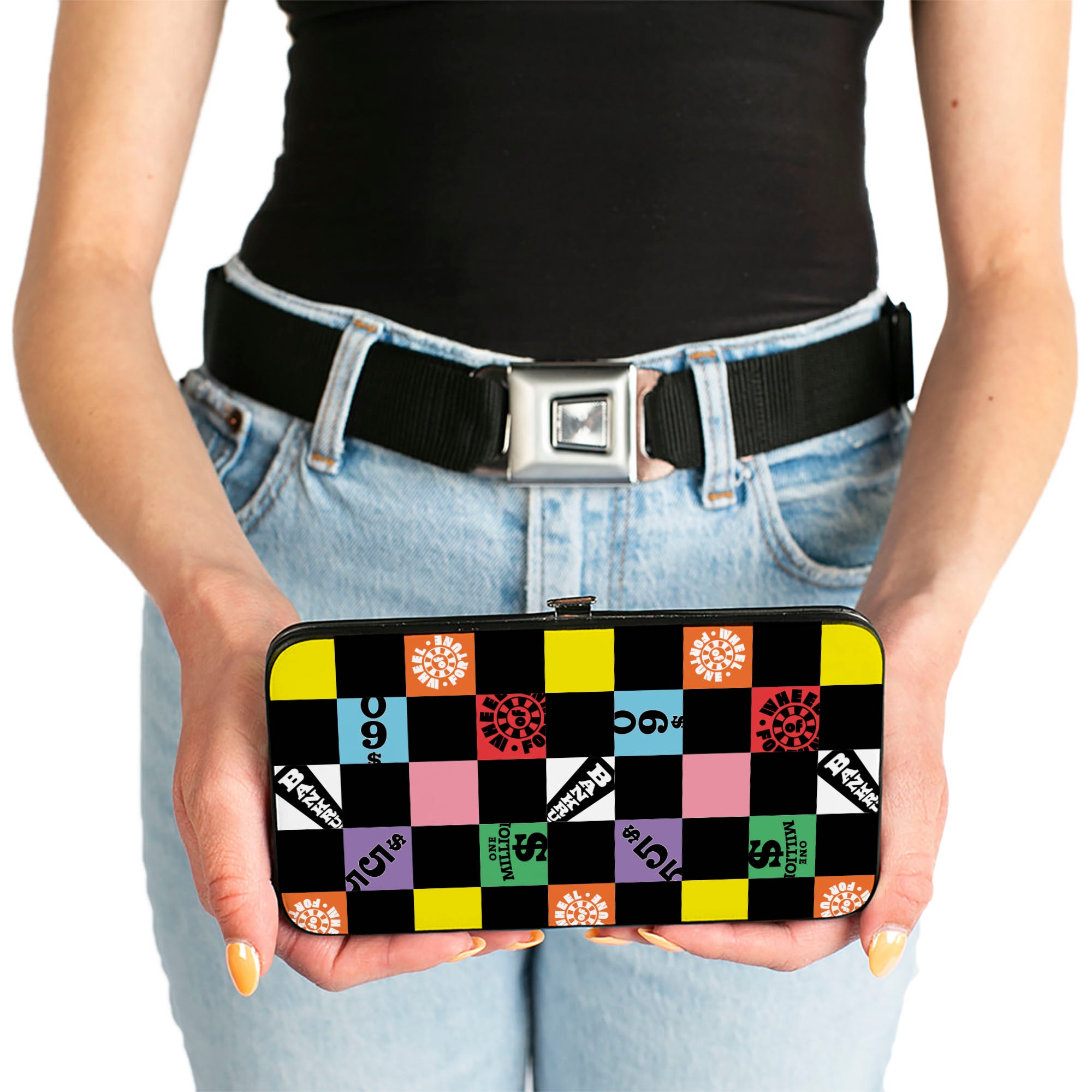 Hinged Wallet - WHEEL OF FORTUNE Checker Icons and Logo Black/Multi Color Hinged Wallets Wheel of Fortune