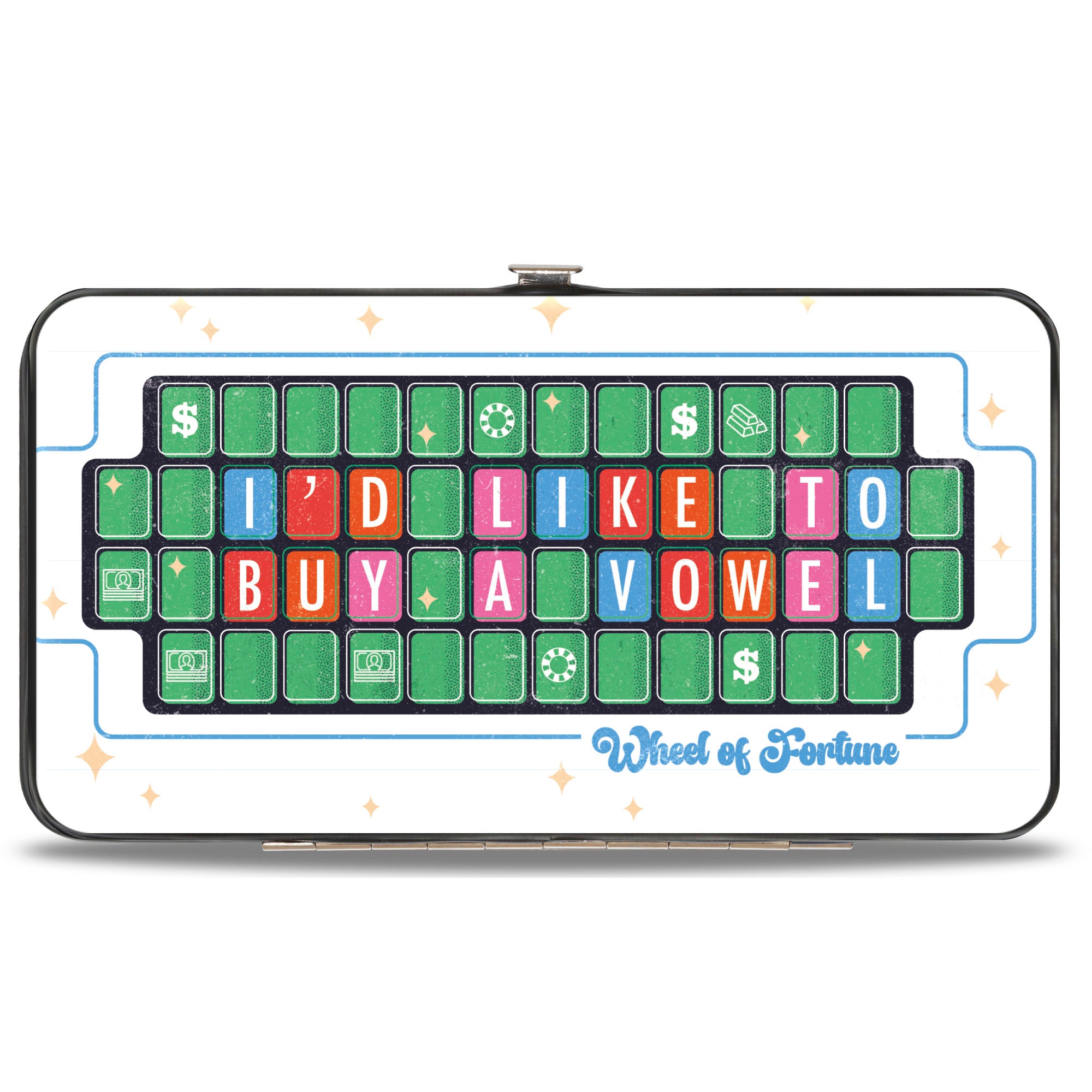 Hinged Wallet - WHEEL OF FORTUNE I'D LIKE TO BUY A VOWEL Collage Multi Color Hinged Wallets Wheel of Fortune