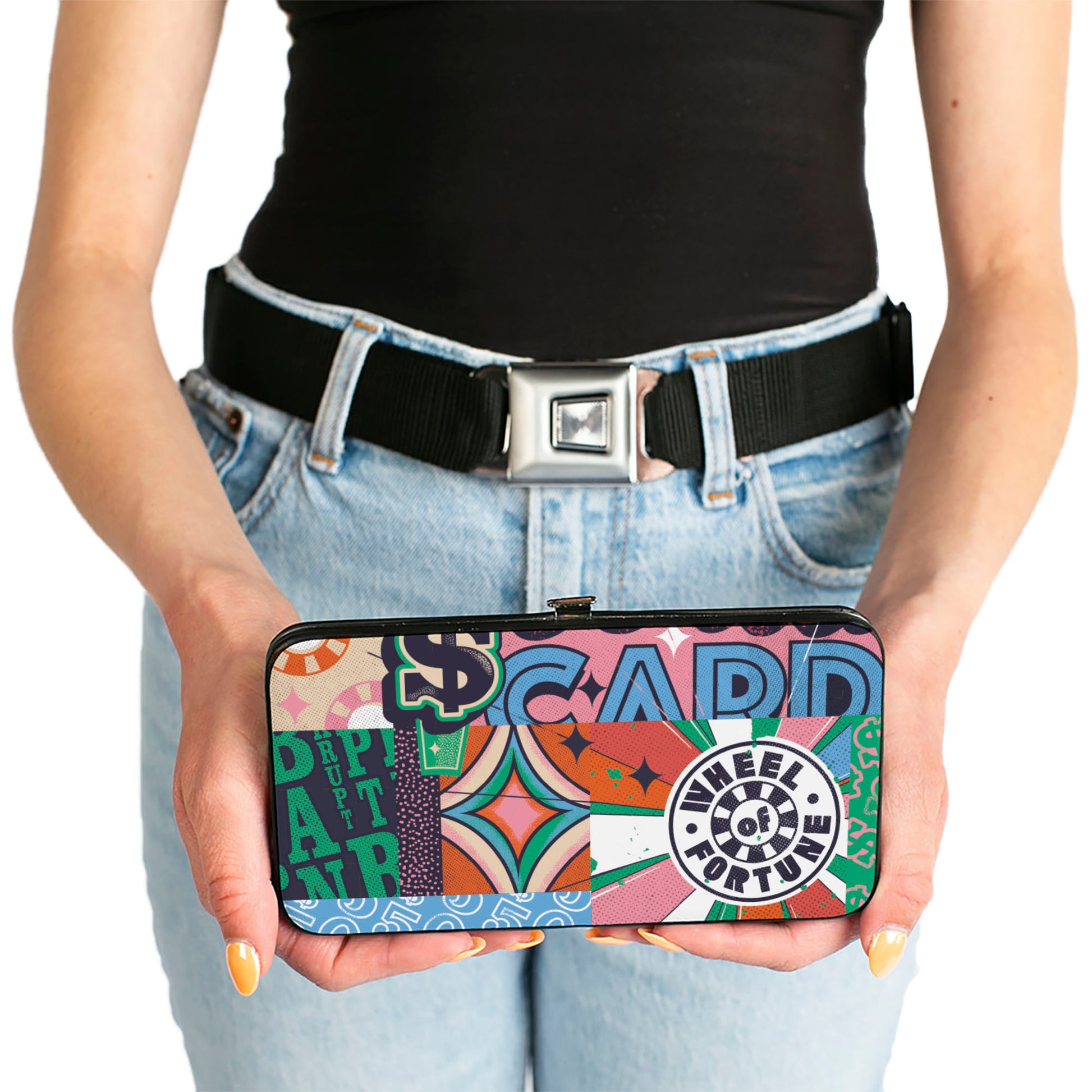 Hinged Wallet - WHEEL OF FORTUNE I'D LIKE TO BUY A VOWEL Collage Multi Color Hinged Wallets Wheel of Fortune