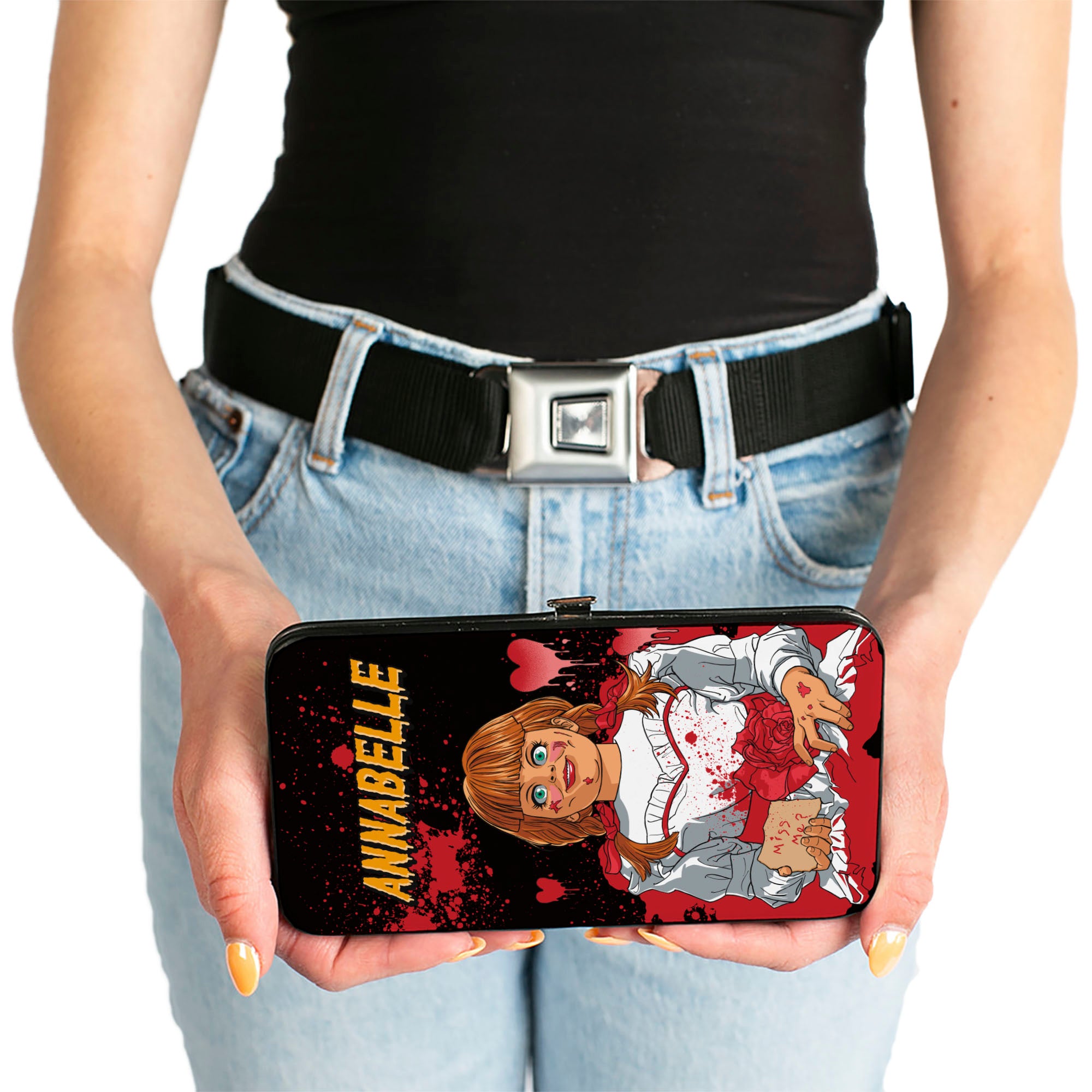 Hinged Wallet - Annabelle Doll Face MISS ME DOLL FACE Pop Art Black/Red Hinged Wallets Annabelle