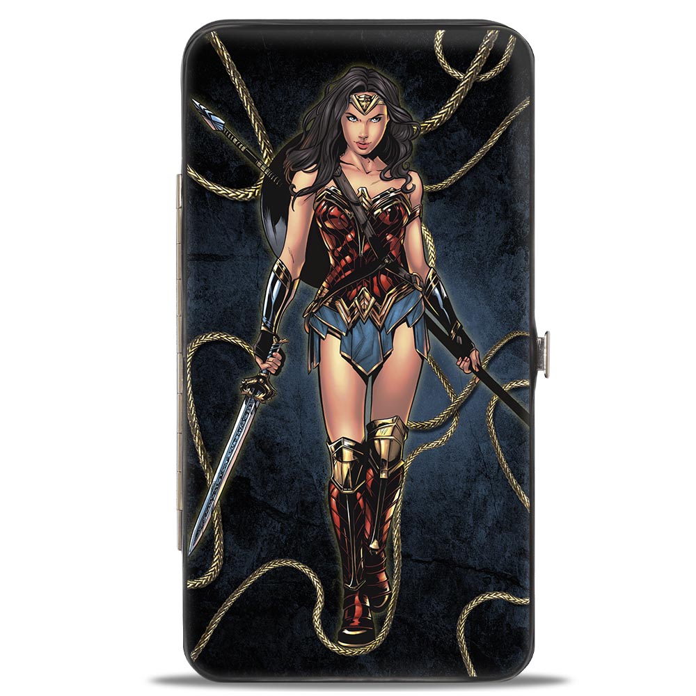 Hinged Wallet - Wonder Woman 2017 Standing Swords Pose + Icon/Lasso of Truth Blues/Golds Hinged Wallets DC Comics