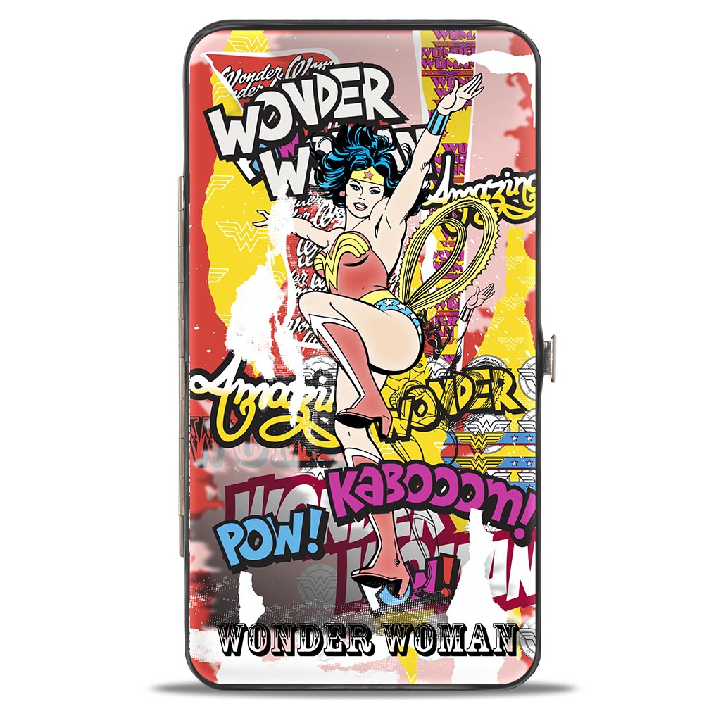 Hinged Wallet - Classic Wonder Woman Action Pose Verbiage Pop Art Collage Hinged Wallets DC Comics