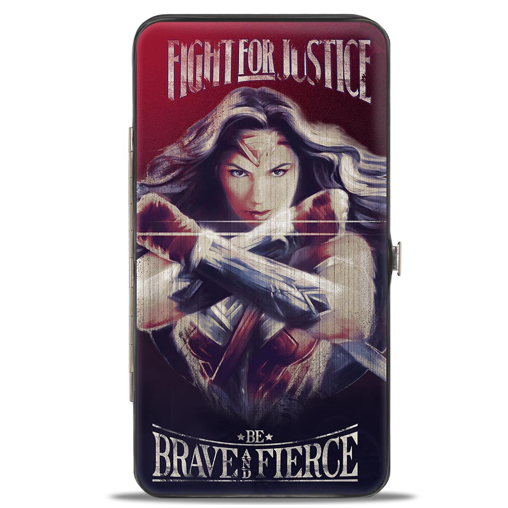 Hinged Wallet - Wonder Woman Deflection Pose FIGHT FOR JUSTICE-BE BRAVE AND FIERCE Weathered Reds/Blues Hinged Wallets DC Comics