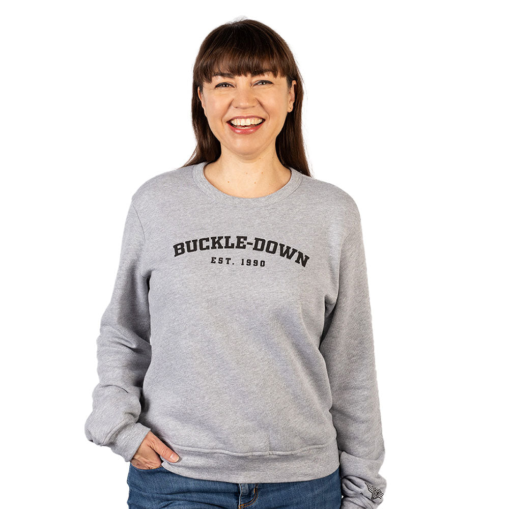 Women's Crew Neck Sweatshirt - BUCKLE-DOWN EST. 1990 Athletic Heather Gray Apparel Buckle-Down