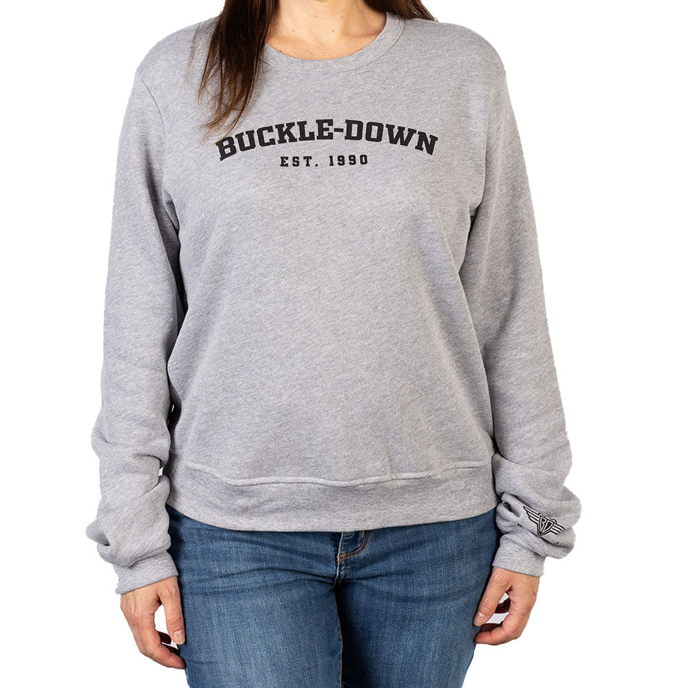 Women's Crew Neck Sweatshirt - BUCKLE-DOWN EST. 1990 Athletic Heather Gray Apparel Buckle-Down