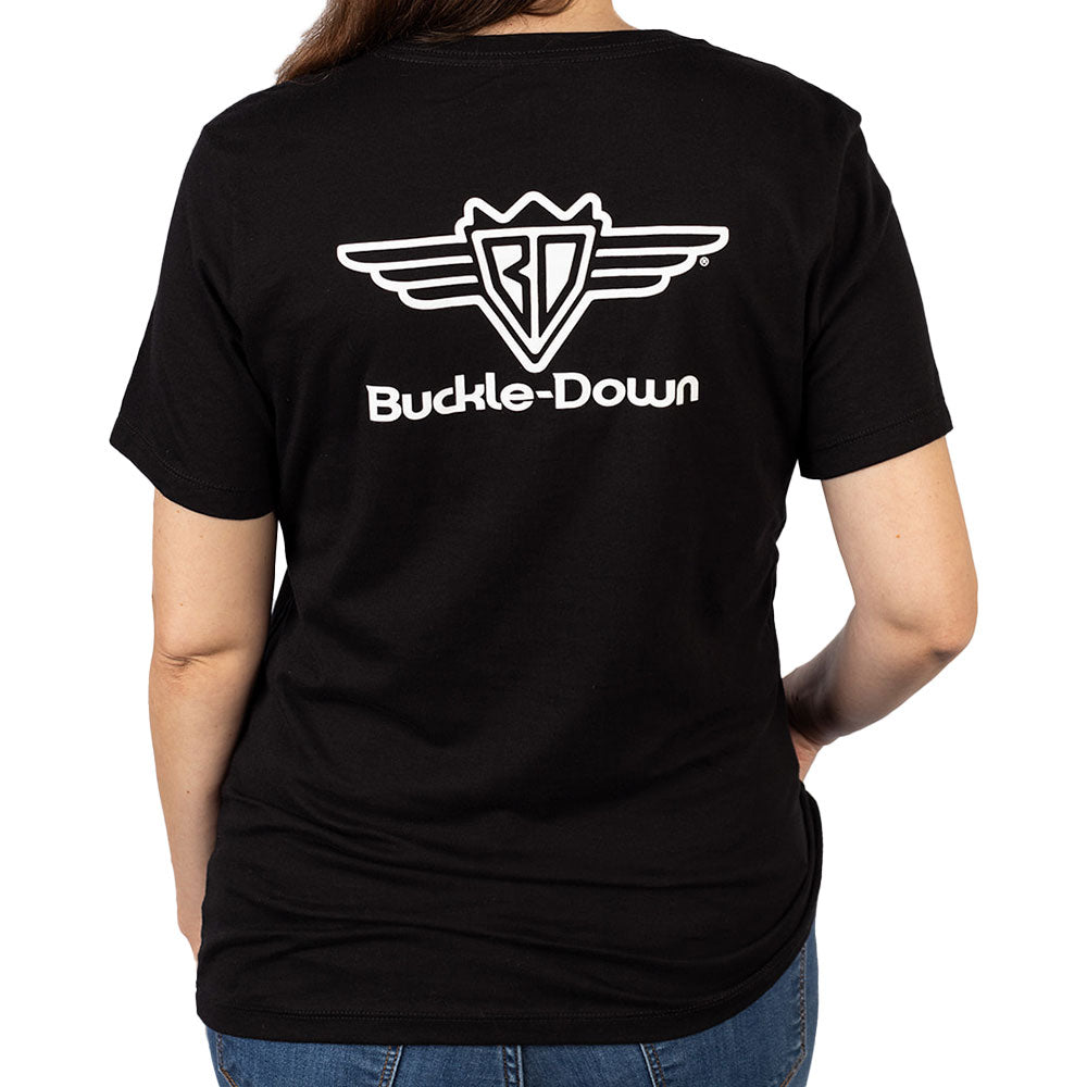Women's T-Shirt - Buckle-Down Round Wings Logo and Buckle-Down Wings Logo Black Heather/White Apparel Buckle-Down