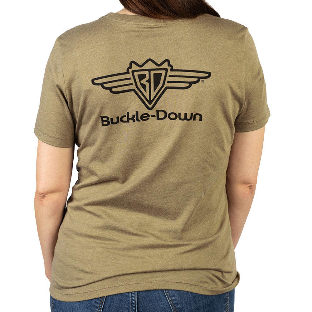 Women's T-Shirt - Buckle-Down Round Wings Logo and Buckle-Down Wings Logo Heather Olive/Black Apparel Buckle-Down