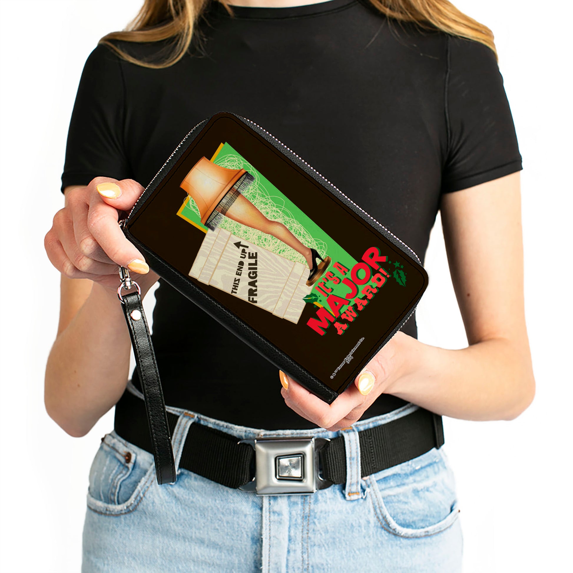 PU Zip Around Wallet Rectangle - A Christmas Story Lamp IT'S A MAJOR AWARD Quote Black/Green/Red Clutch Zip Around Wallets A Christmas Story