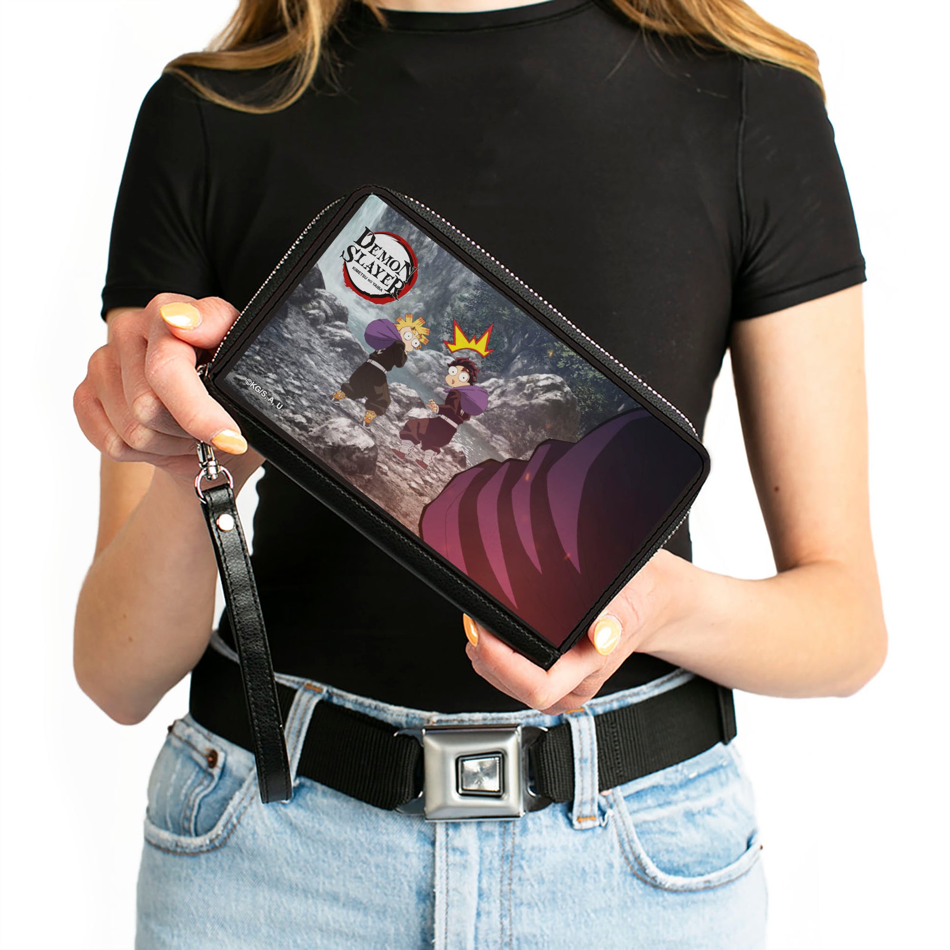 PU Zip Around Wallet Rectangle - Demon Slayer Chibi Tanjiro and Zenitsu Surprised Scene Clutch Zip Around Wallets Demon Slayer