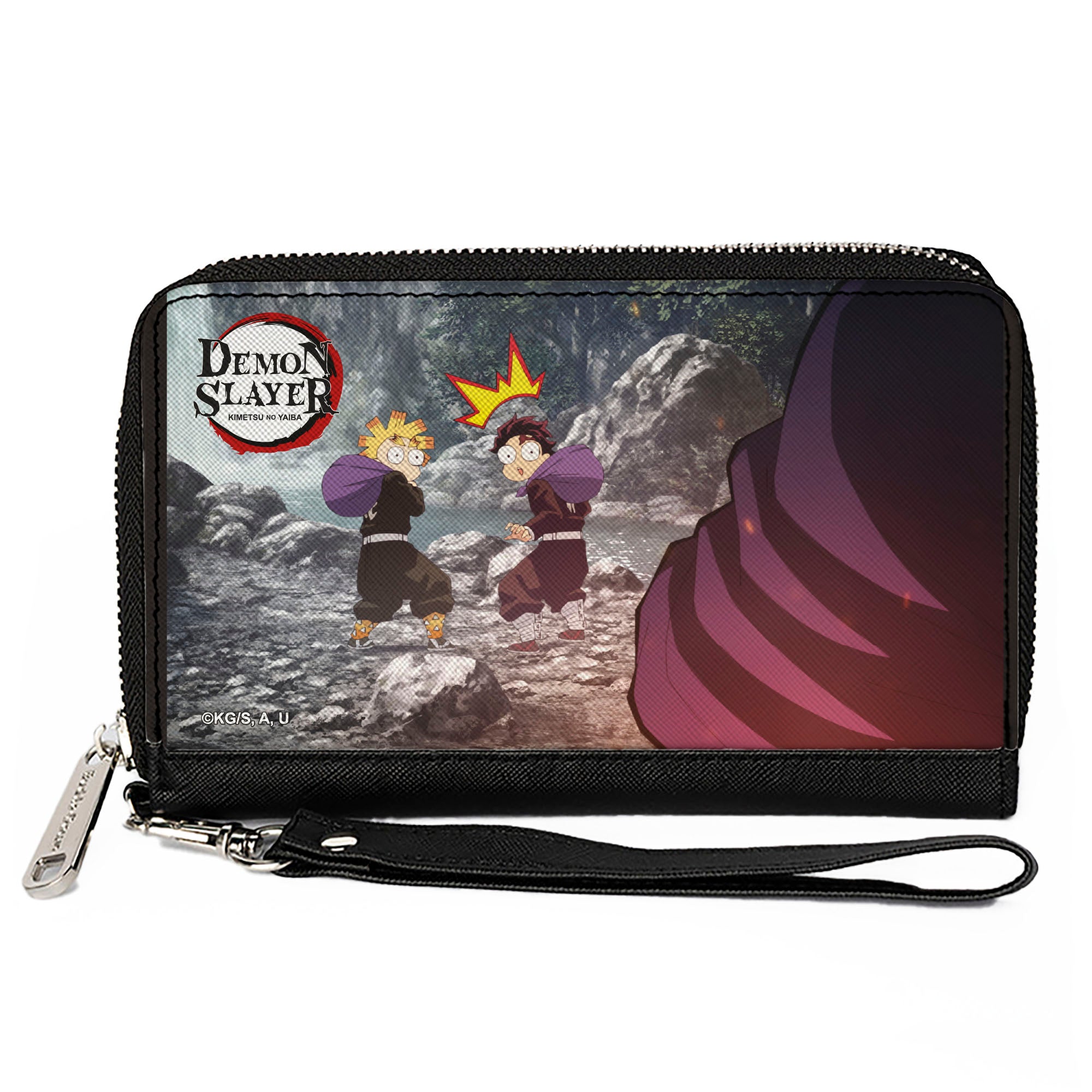 PU Zip Around Wallet Rectangle - Demon Slayer Chibi Tanjiro and Zenitsu Surprised Scene Clutch Zip Around Wallets Demon Slayer