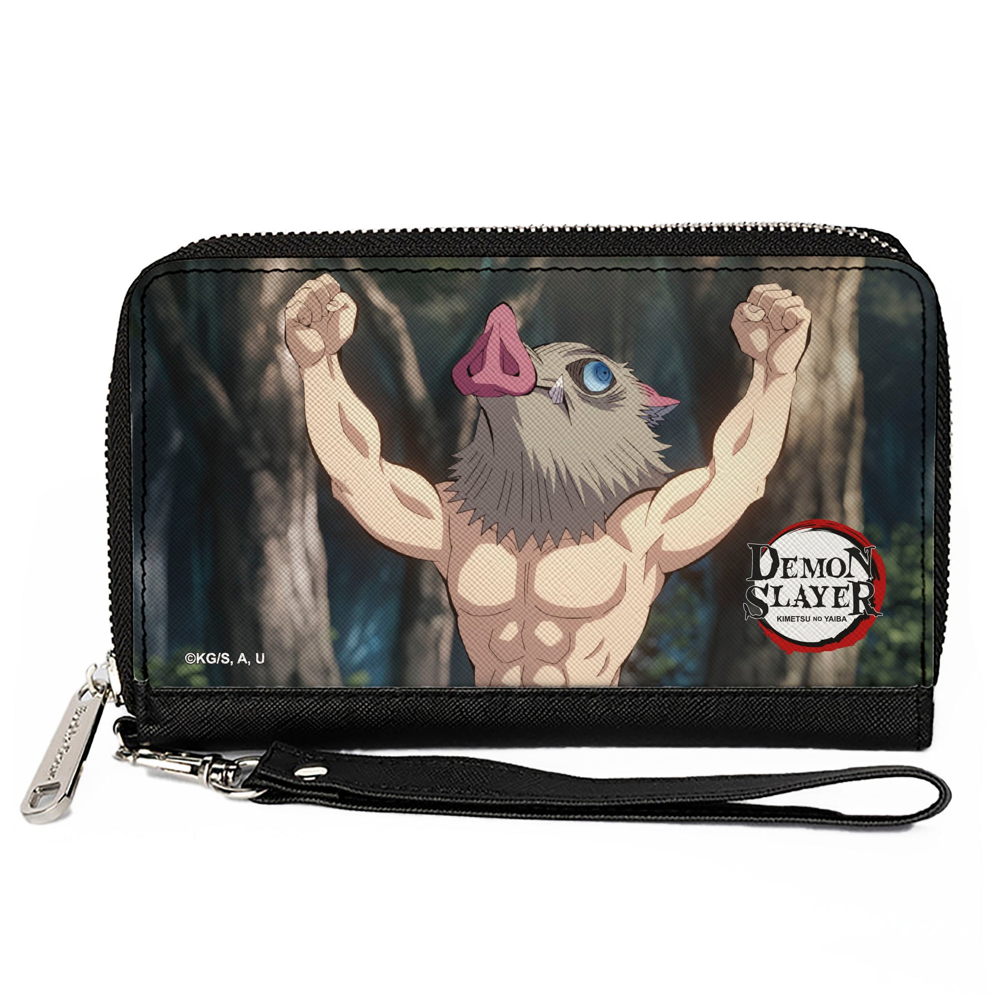 PU Zip Around Wallet Rectangle - Demon Slayer Inosuke Hashibira Boar Head Arms Up Pose Clutch Zip Around Wallets Demon Slayer