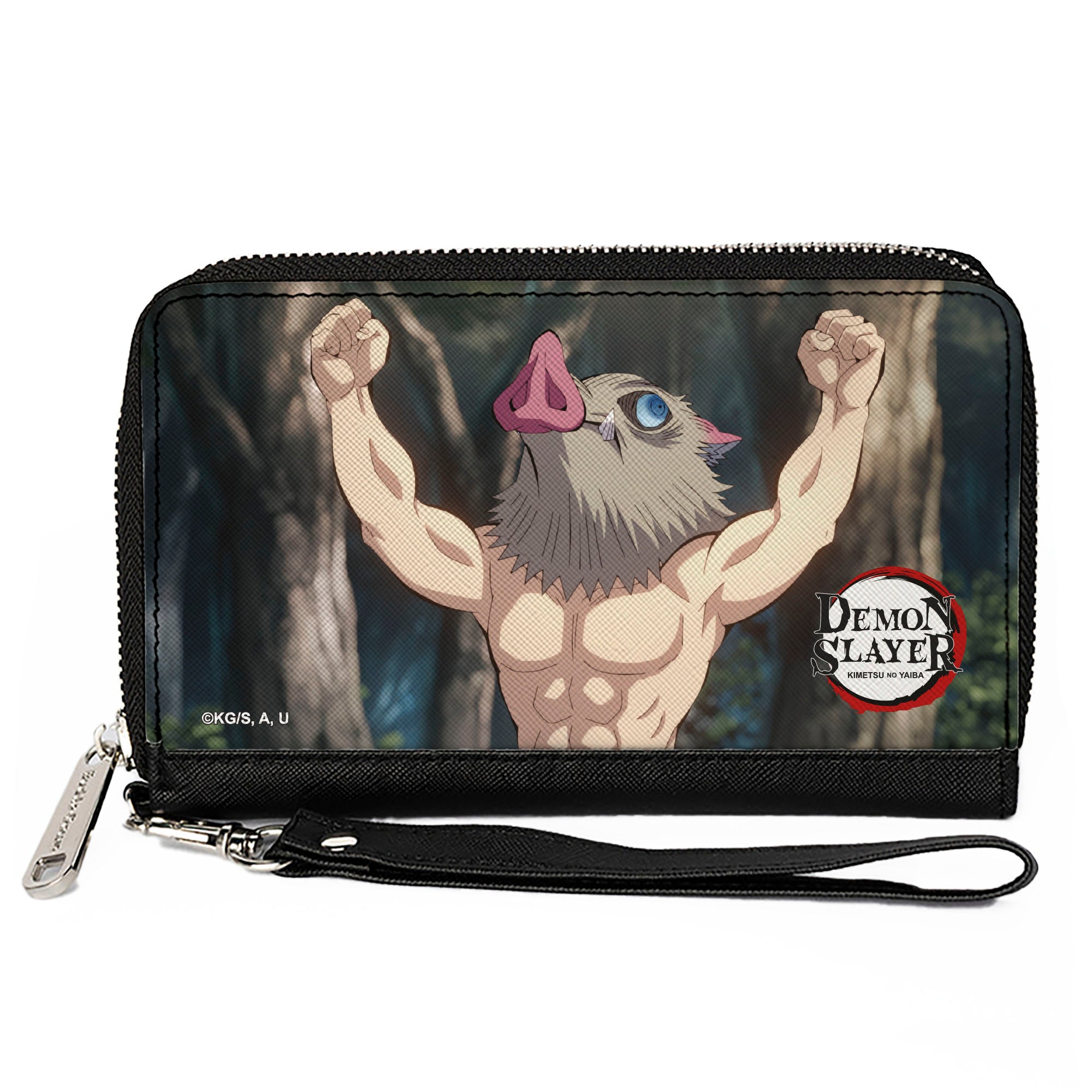 PU Zip Around Wallet Rectangle - Demon Slayer Inosuke Hashibira Boar Head Arms Up Pose Clutch Zip Around Wallets Demon Slayer