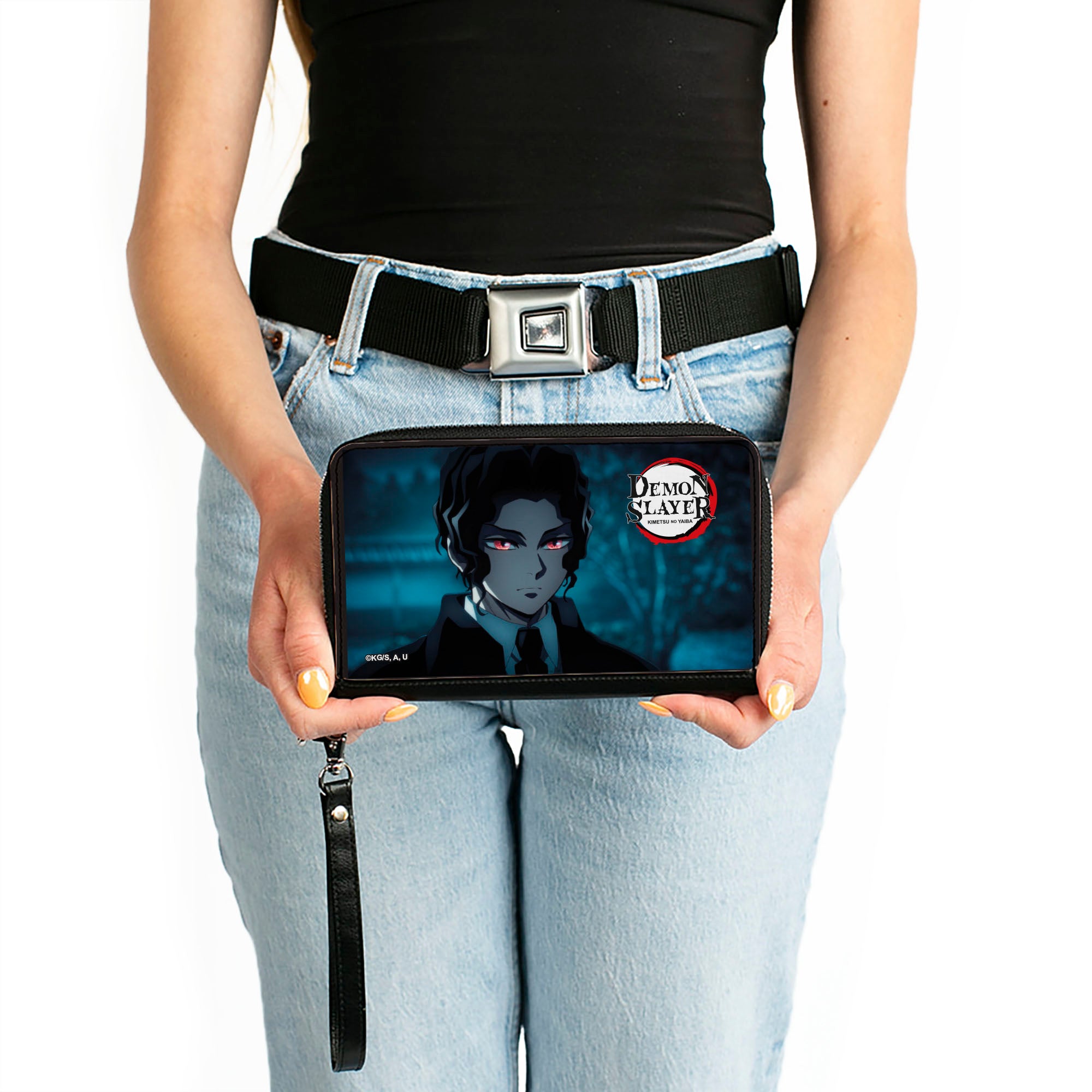 PU Zip Around Wallet Rectangle - Demon Slayer Muzan Kibutsuji Blue Scenery Pose Clutch Zip Around Wallets Demon Slayer