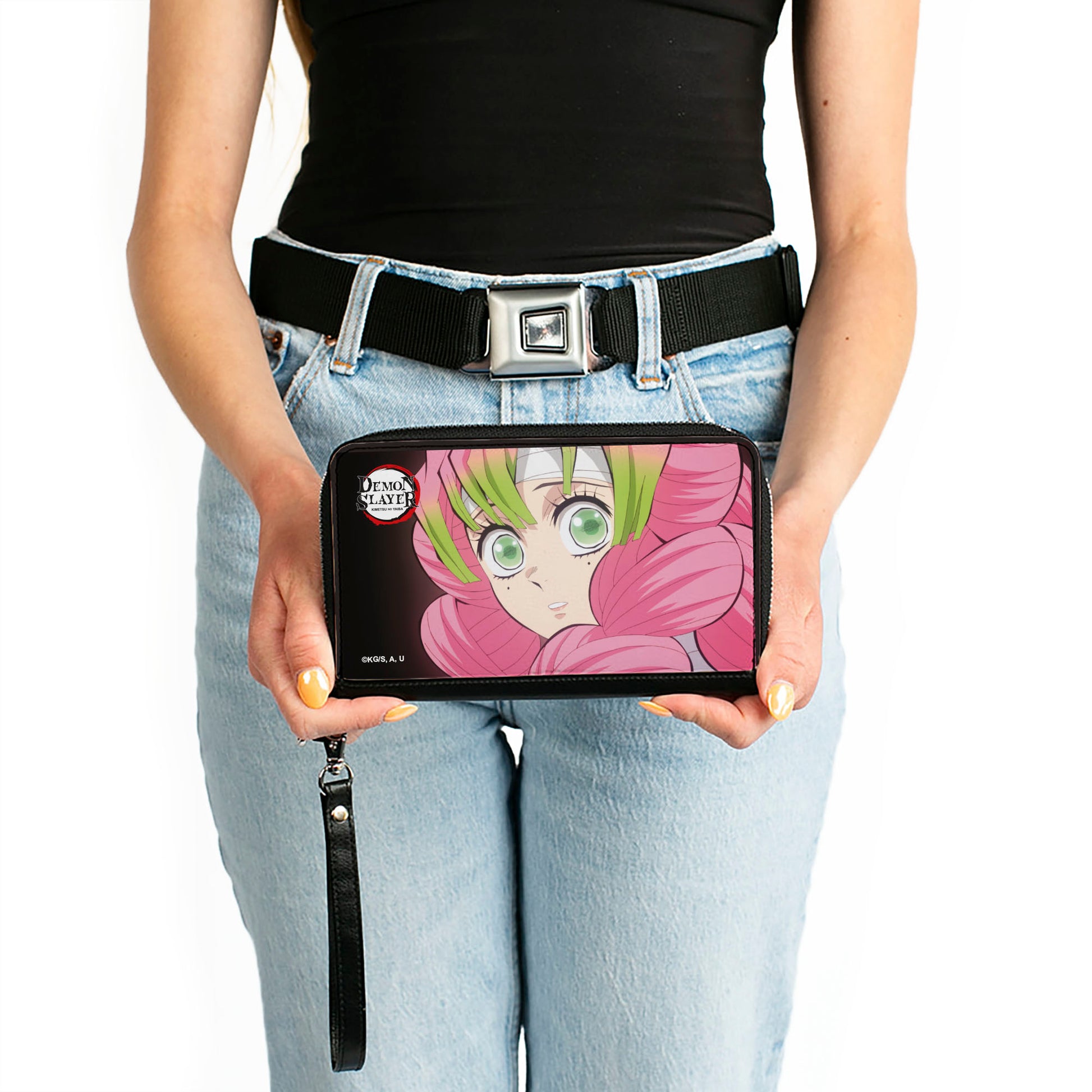 PU Zip Around Wallet Rectangle - Demon Slayer Mitsuri Kanroji Pose Close-Up Clutch Zip Around Wallets Demon Slayer