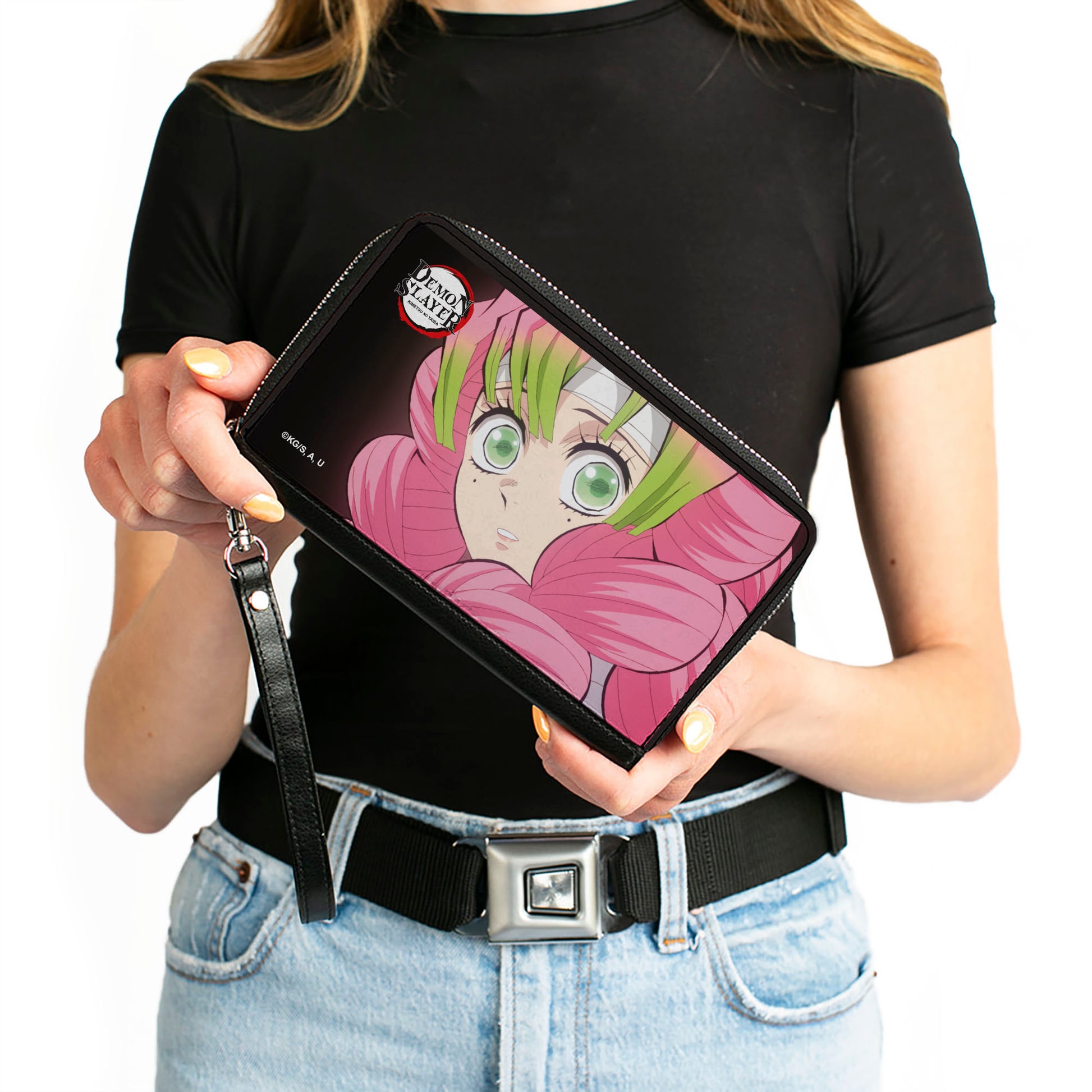 PU Zip Around Wallet Rectangle - Demon Slayer Mitsuri Kanroji Pose Close-Up Clutch Zip Around Wallets Demon Slayer