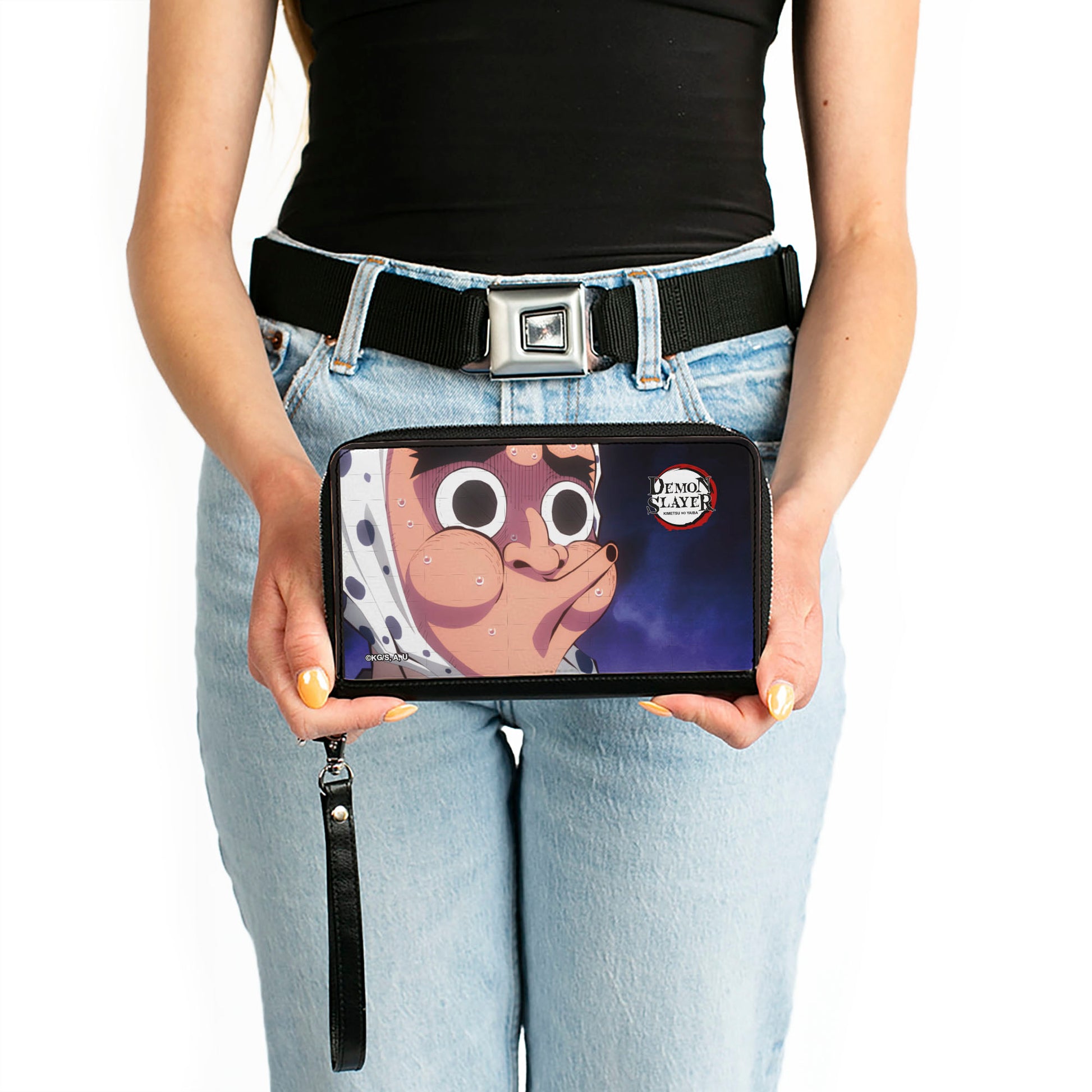 PU Zip Around Wallet Rectangle - Demon Slayer Hotaru Haganezuka Hyottoko Mask Pose Close-Up Blues Clutch Zip Around Wallets Demon Slayer