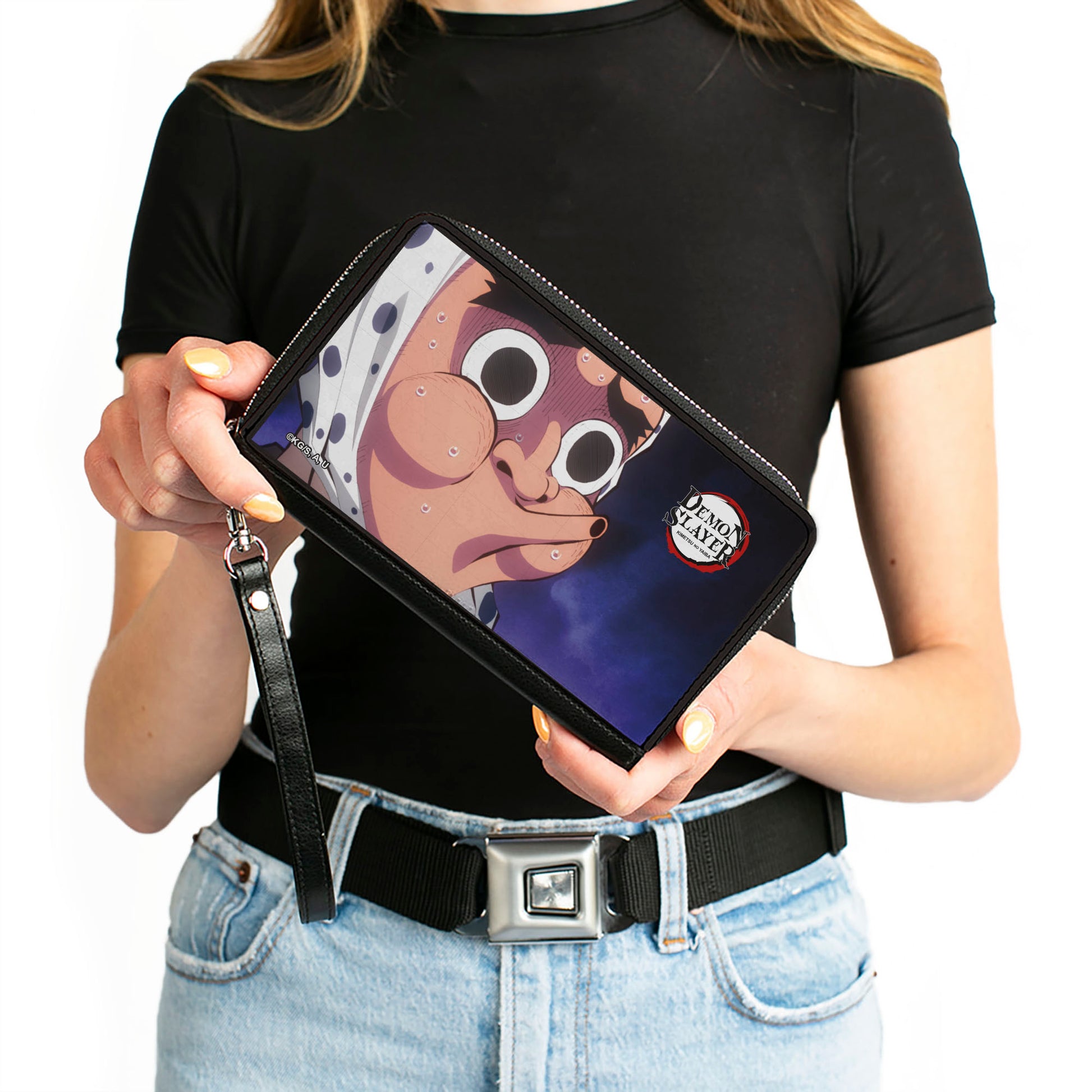 PU Zip Around Wallet Rectangle - Demon Slayer Hotaru Haganezuka Hyottoko Mask Pose Close-Up Blues Clutch Zip Around Wallets Demon Slayer