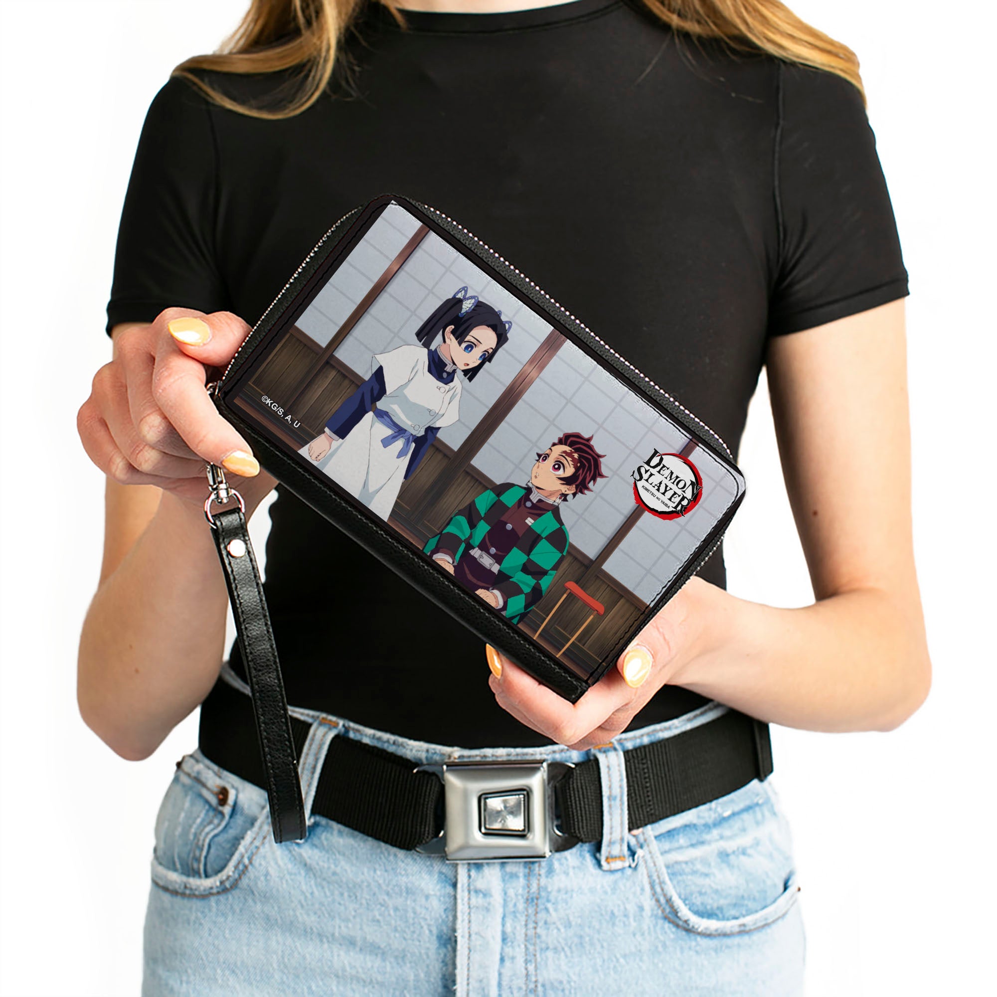 PU Zip Around Wallet Rectangle - Demon Slayer Aoi Kanzaki and Tanjiro Kamado Scene Clutch Zip Around Wallets Demon Slayer