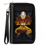 PU Zip Around Wallet Rectangle - Avatar the Last Airbender Aang Meditating Pose Bending Elements Icons Black Grays Clutch Zip Around Wallets Avatar The Last Airbender