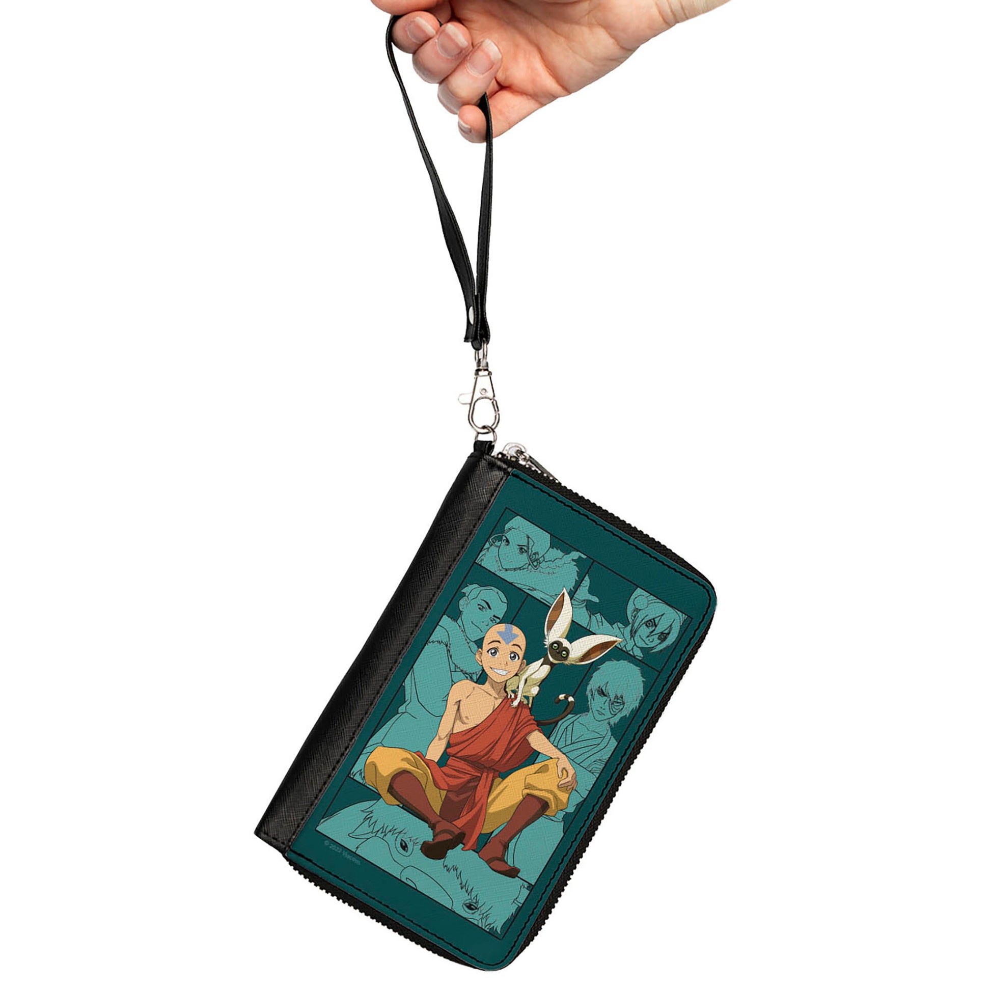 PU Zip Around Wallet Rectangle - Avatar Last Airbender Aang and Momo Pose with Character Blocks Teals Clutch Zip Around Wallets Avatar The Last Airbender