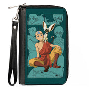 PU Zip Around Wallet Rectangle - Avatar Last Airbender Aang and Momo Pose with Character Blocks Teals Clutch Zip Around Wallets Avatar The Last Airbender