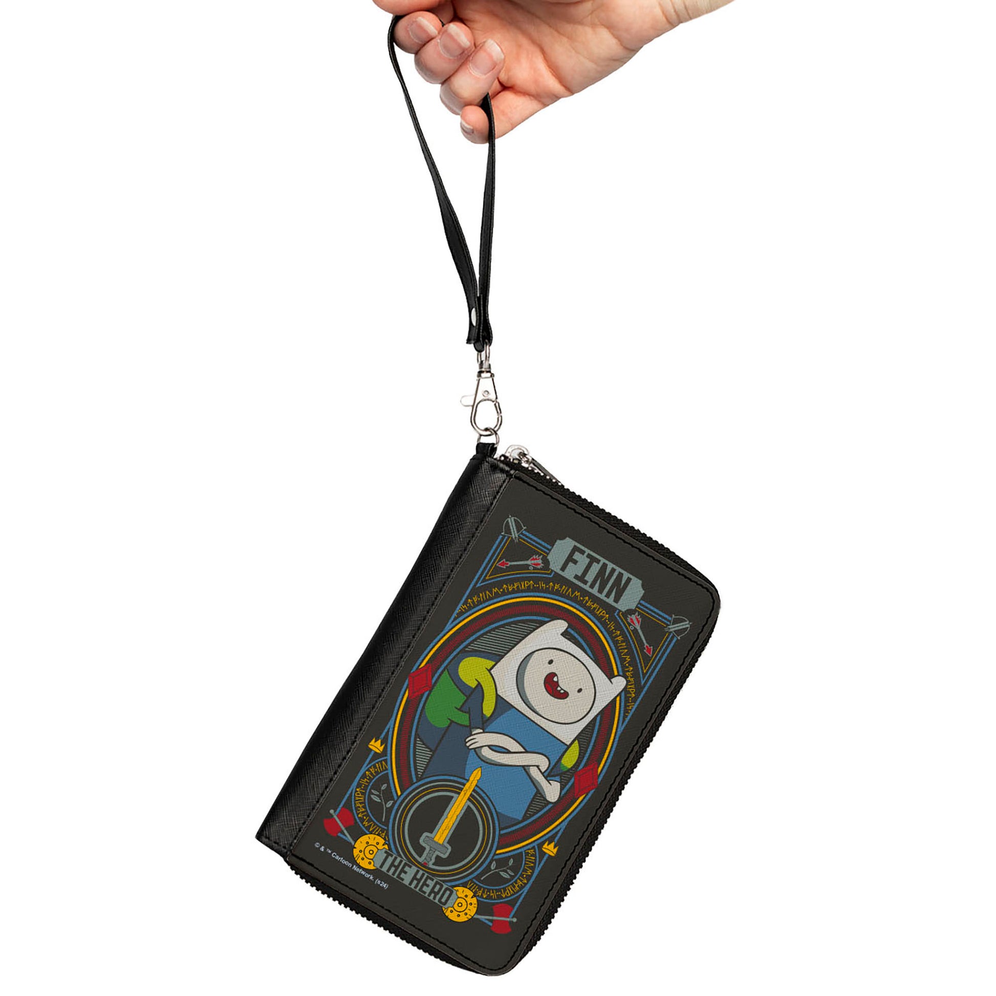 PU Zip Around Wallet Rectangle - Adventure Time FINN THE HERO Pose and Sword Icon Black/Multi Color Clutch Zip Around Wallets Adventure Time