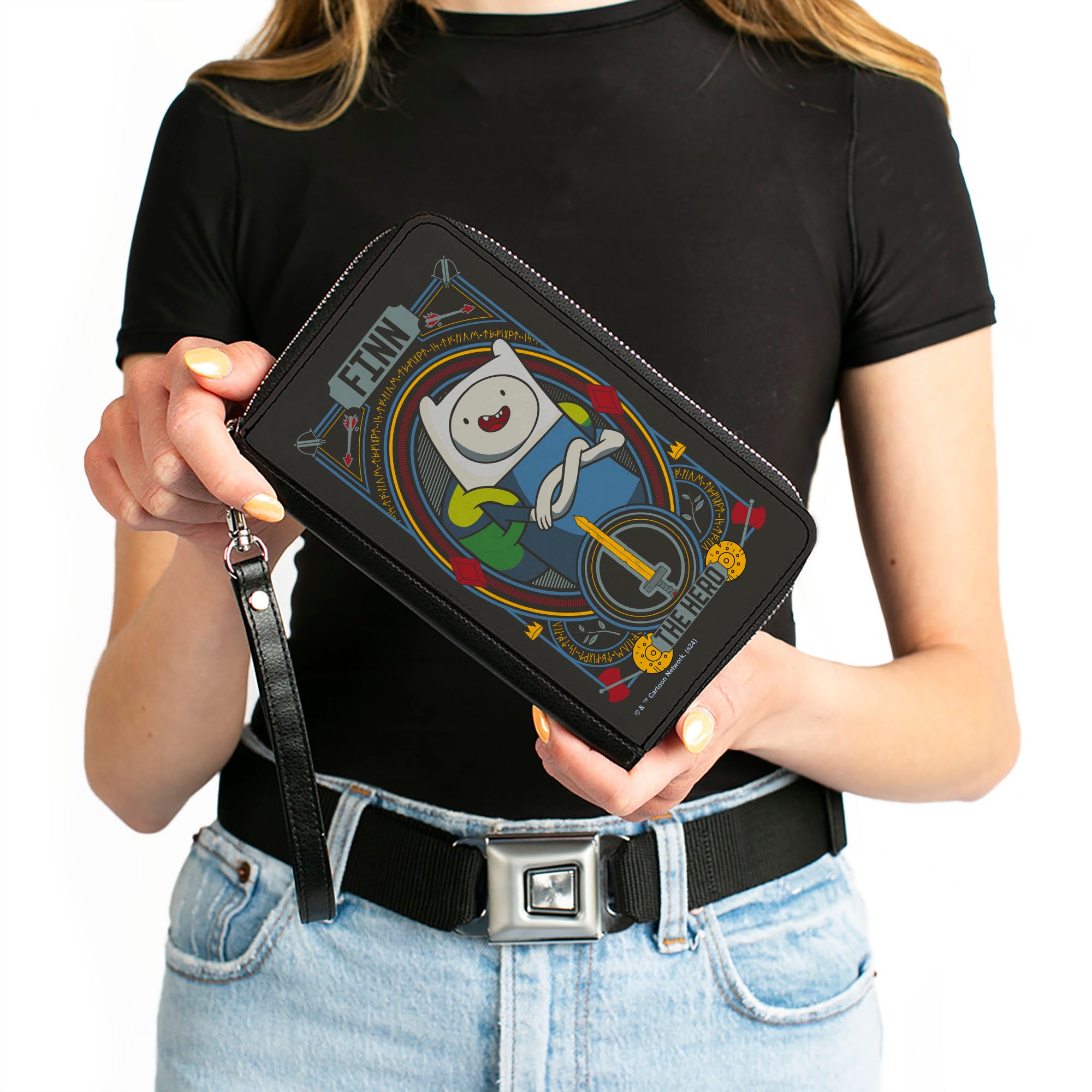 PU Zip Around Wallet Rectangle - Adventure Time FINN THE HERO Pose and Sword Icon Black/Multi Color Clutch Zip Around Wallets Adventure Time
