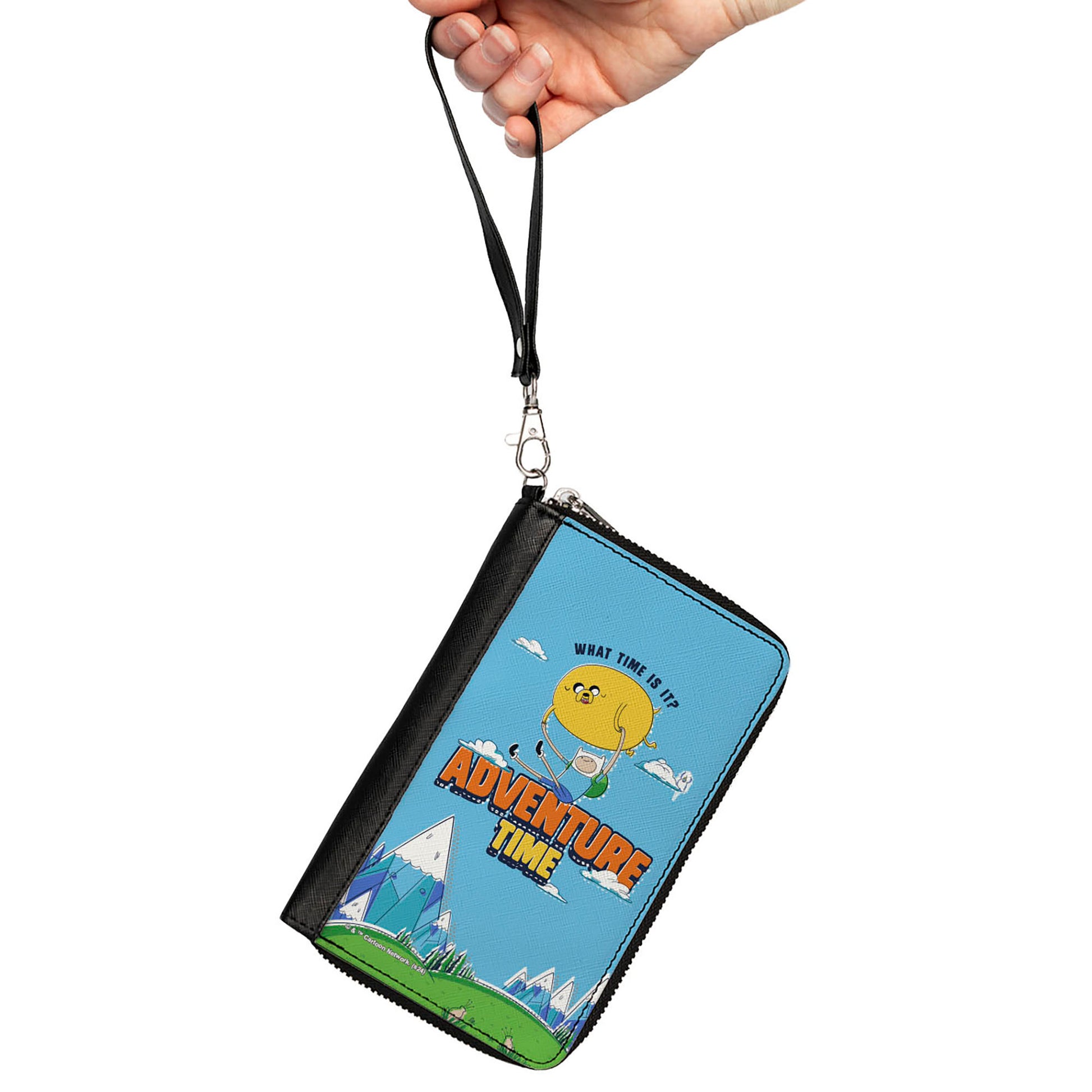 PU Zip Around Wallet Rectangle - ADVENTURE TIME Jake and Finn WHAT TIME IS IT Flying Pose Blue Clutch Zip Around Wallets Adventure Time