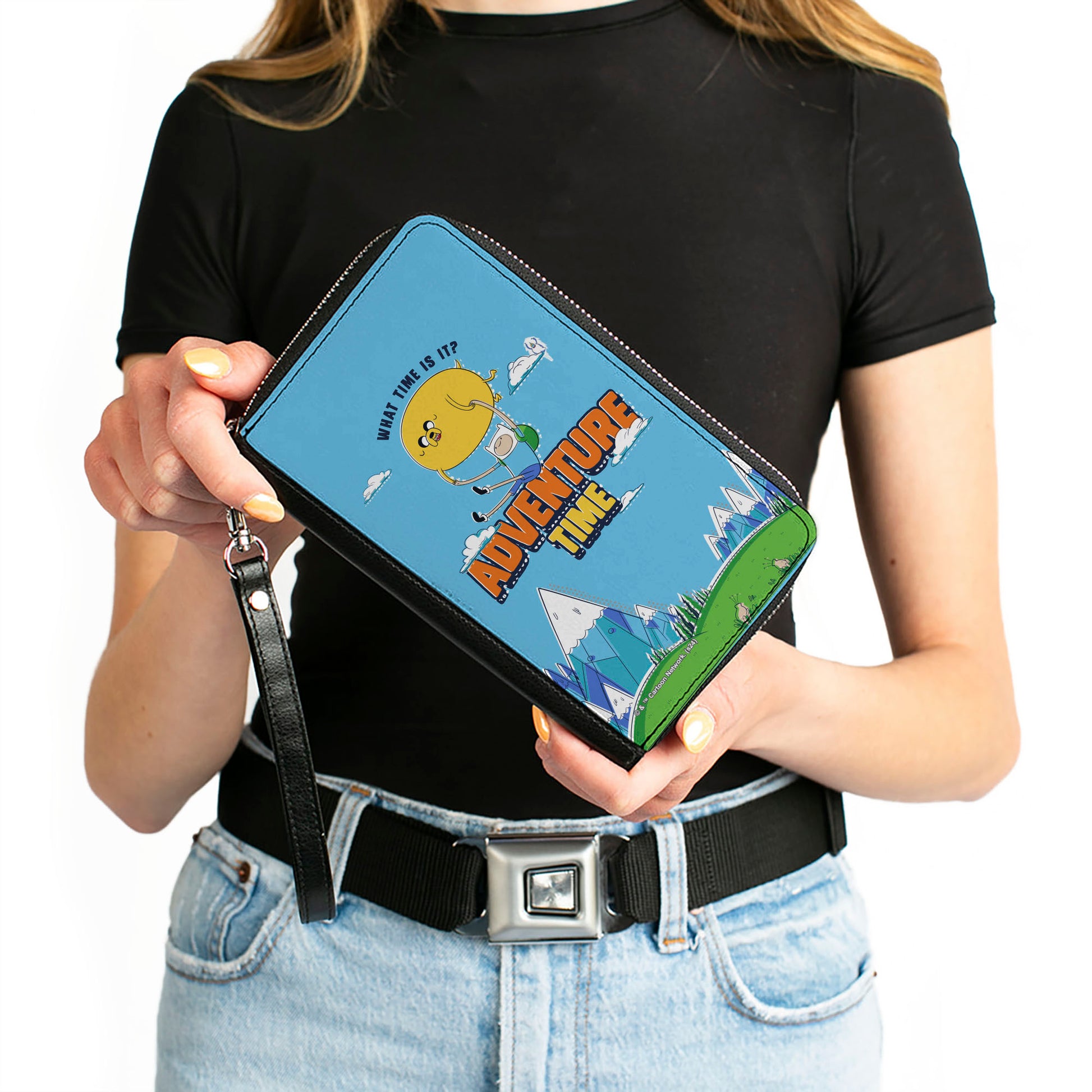 PU Zip Around Wallet Rectangle - ADVENTURE TIME Jake and Finn WHAT TIME IS IT Flying Pose Blue Clutch Zip Around Wallets Adventure Time