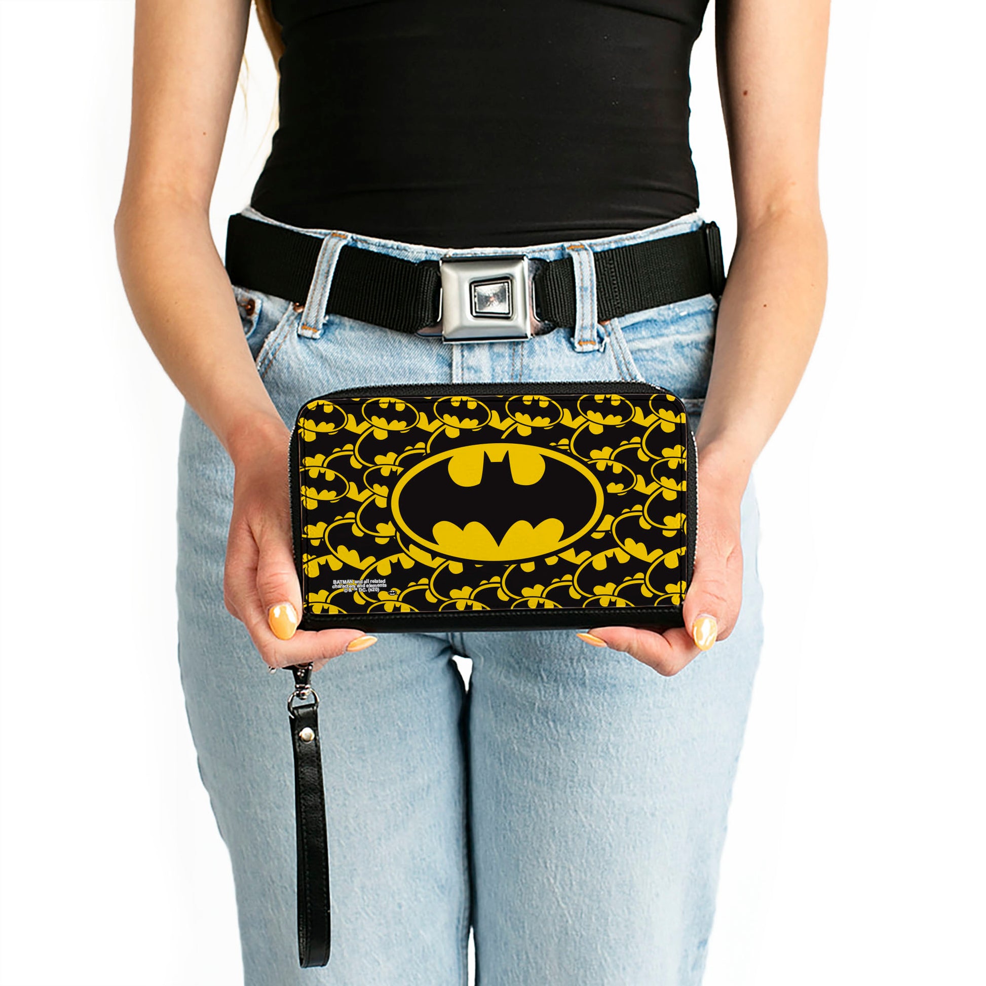 Women's PU Zip Around Wallet Rectangle - Bat Signal Centered Stacked Yellow Black Clutch Zip Around Wallets DC Comics   
