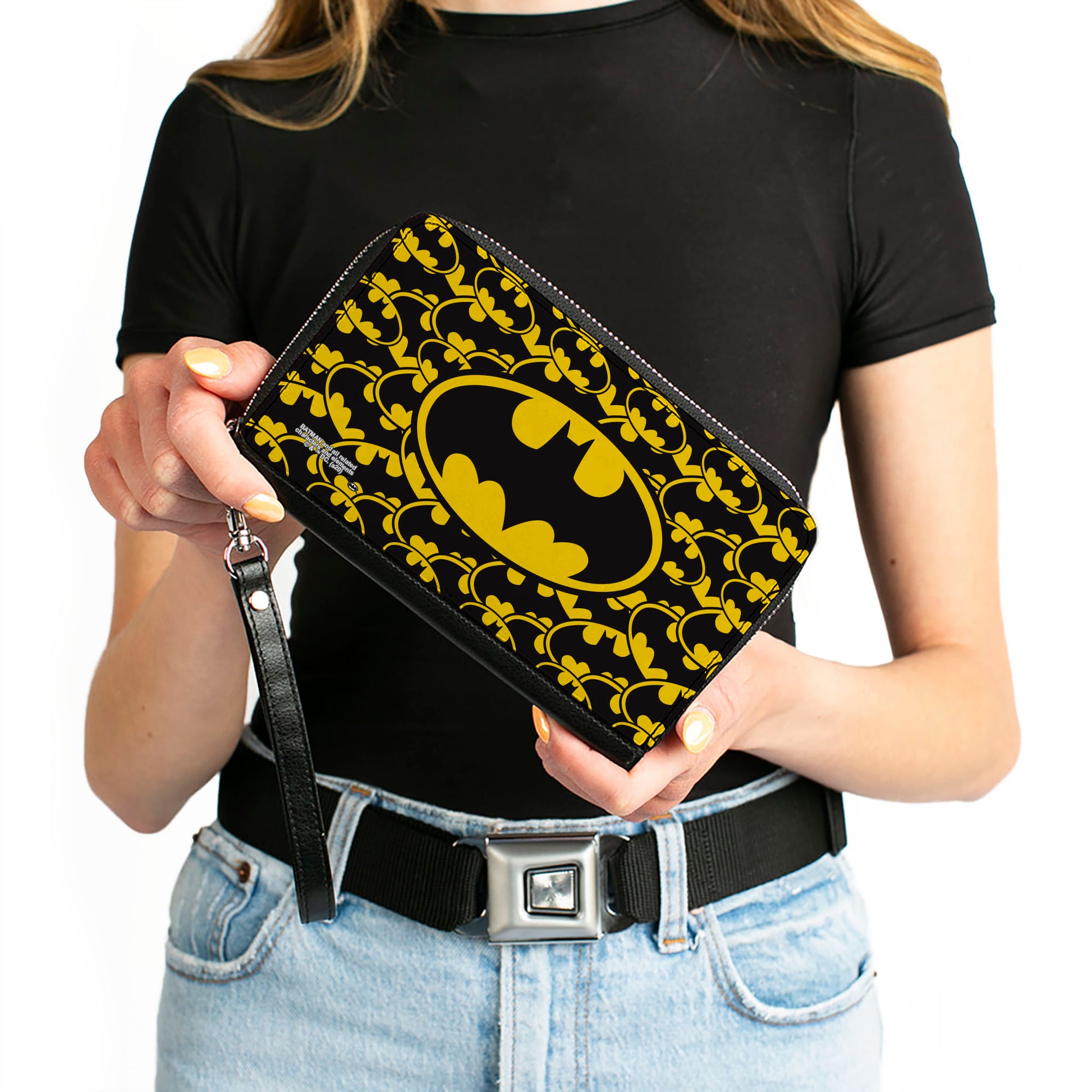 Women's PU Zip Around Wallet Rectangle - Bat Signal Centered Stacked Yellow Black Clutch Zip Around Wallets DC Comics   