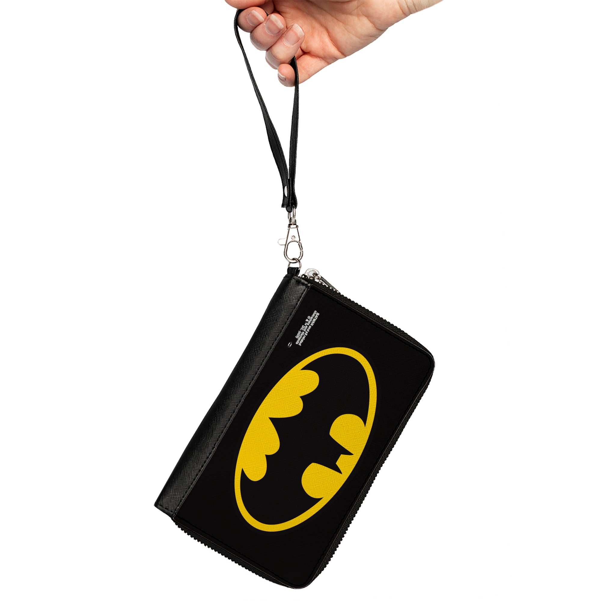 Women's PU Zip Around Wallet Rectangle - Batman Bat Logo Black Yellow Clutch Zip Around Wallets DC Comics   