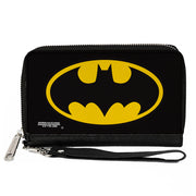 Women's PU Zip Around Wallet Rectangle - Batman Bat Logo Black Yellow Clutch Zip Around Wallets DC Comics   