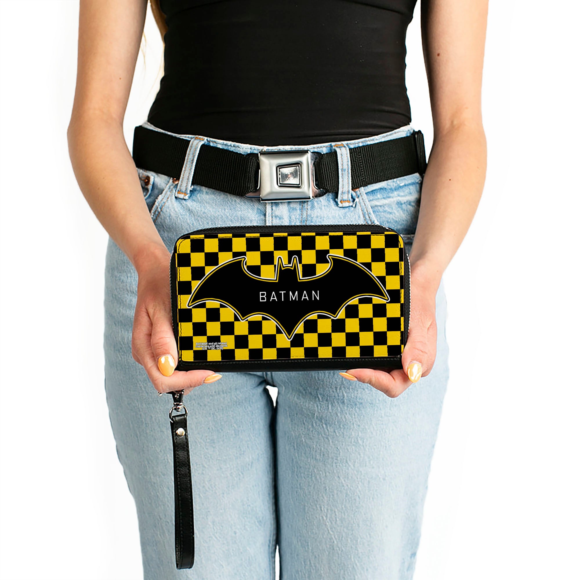 Women's PU Zip Around Wallet Rectangle - BATMAN Bat Logo Close-Up Checker Yellow Black Clutch Zip Around Wallets DC Comics   
